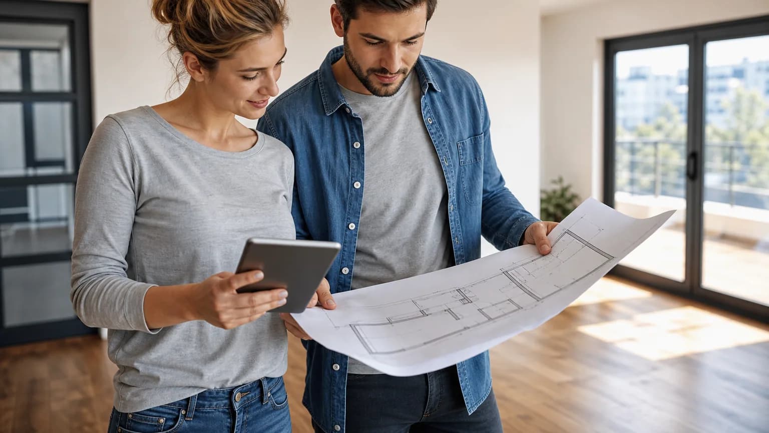 Un couple examine des plans dans un appartement vide et lumineux avant un achat immobilier
