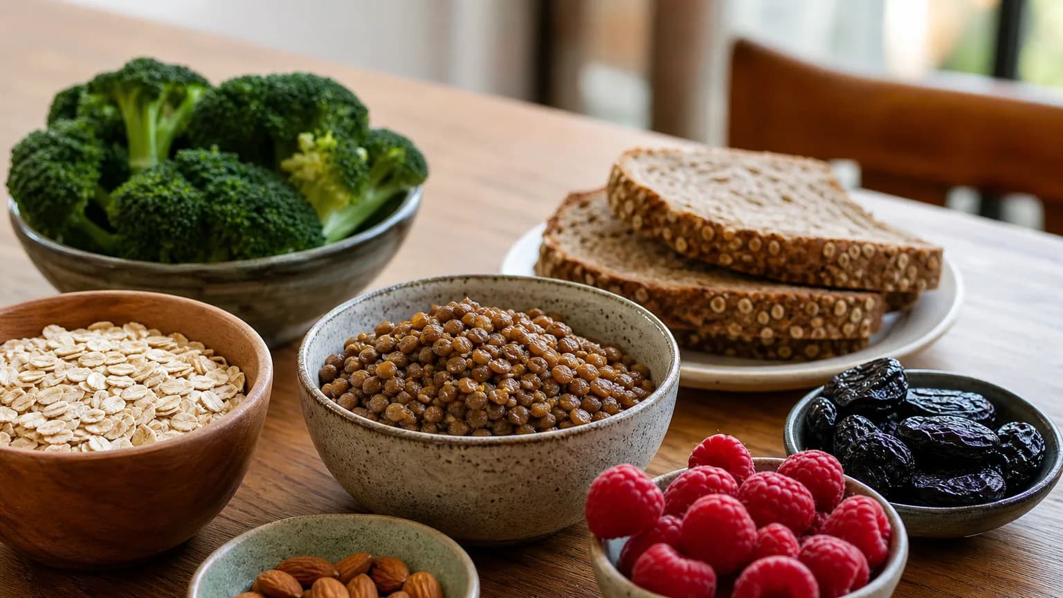 Assortiment d'aliments riches en fibres sur une table en bois : lentilles, flocons d'avoine, pain complet, framboises, pruneaux et amandes