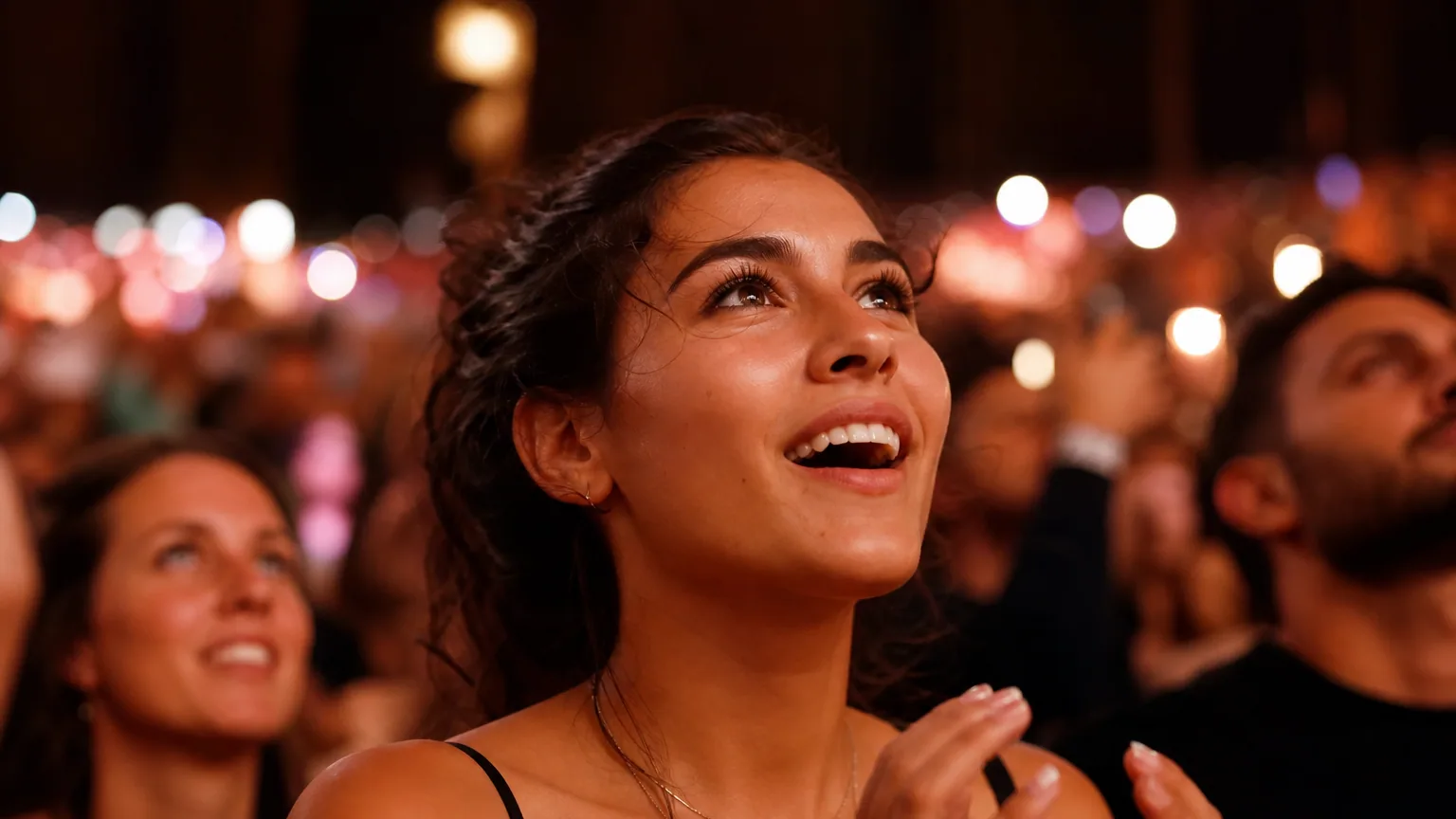 Une jeune spectatrice émerveillée dans la foule d'un concert sous les lumières de scène
