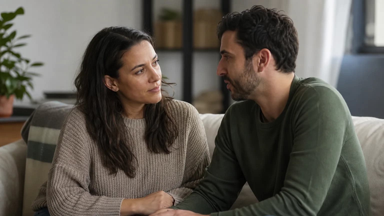 Un couple assis sur un canapé, l'un écoutant attentivement l'autre qui parle