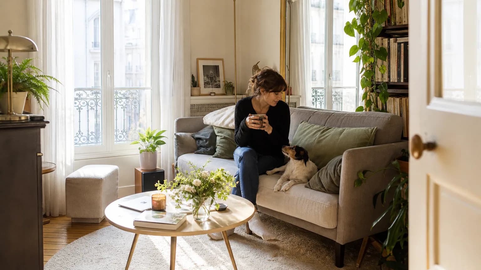 Petit salon lumineux aux murs clairs avec canapé compact, miroir et étagères en hauteur