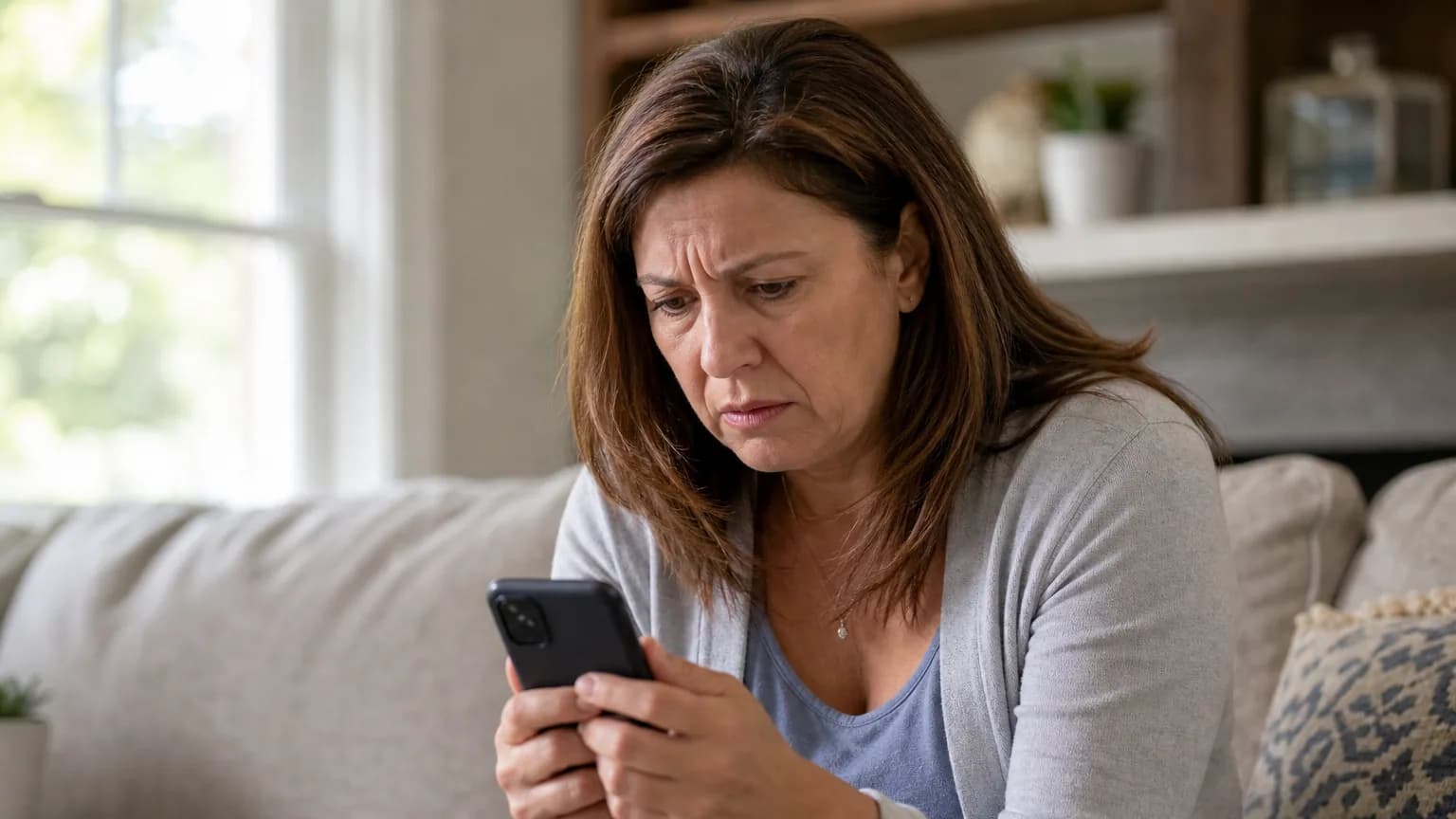 Une femme inquiète regarde un SMS suspect sur son smartphone dans son salon