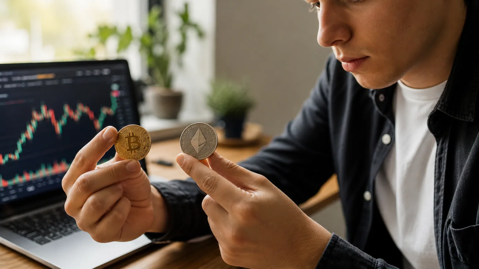 Une personne compare deux pièces de cryptomonnaie devant un écran affichant des graphiques de cours