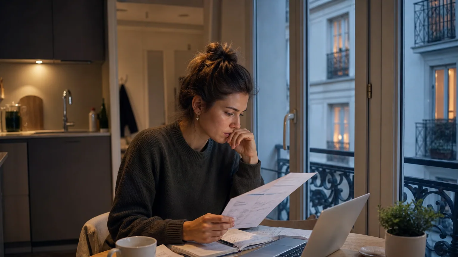Une personne seule fait ses comptes à la table de sa cuisine avec des factures et un ordinateur