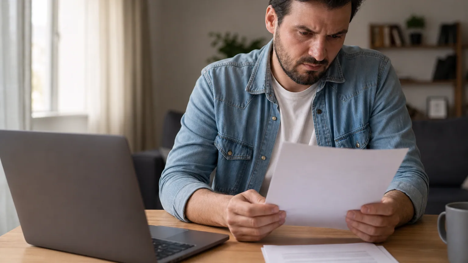 Un homme lit attentivement un document administratif officiel devant son ordinateur portable à son domicile.