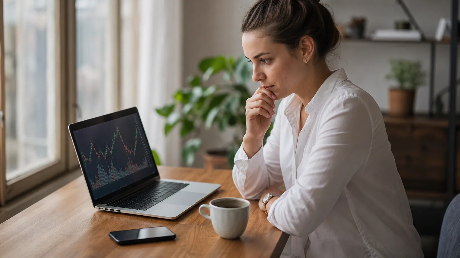 Une jeune femme consulte des graphiques financiers sur son ordinateur portable à son bureau