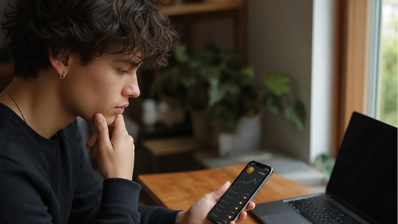 Une personne consulte une application de portefeuille crypto sur son smartphone à son bureau