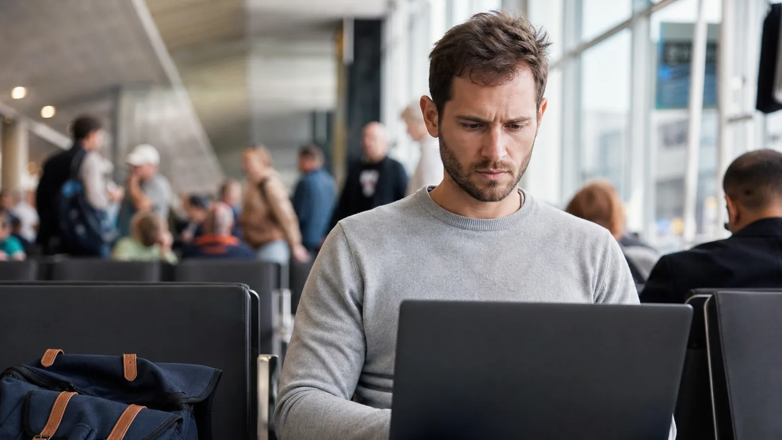 Une personne utilise son ordinateur portable sur le Wi-Fi public d'un aéroport