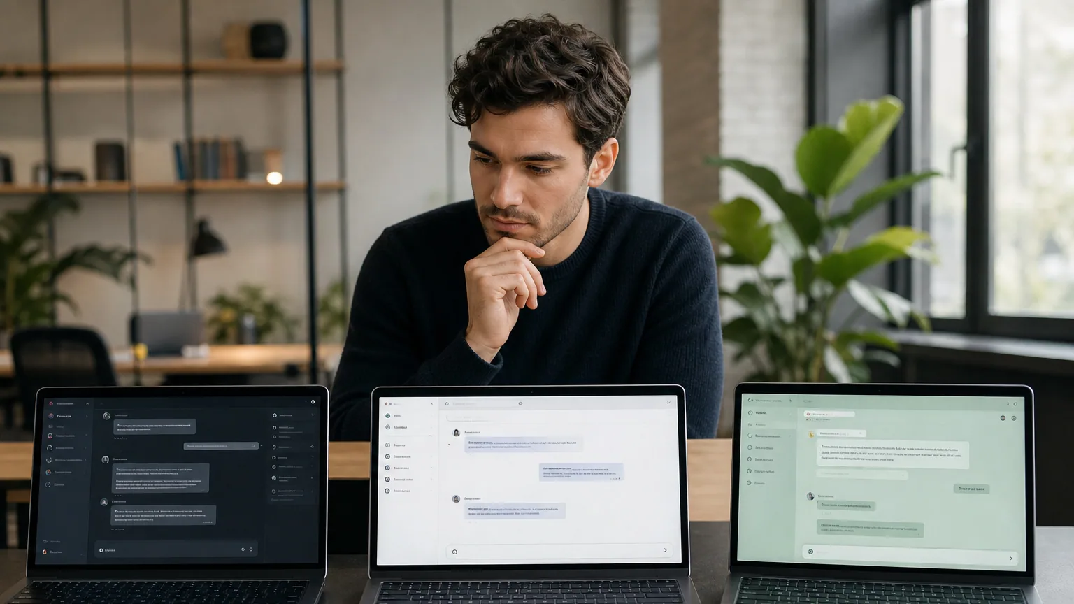 Une personne compare trois assistants IA ouverts sur des écrans à son bureau
