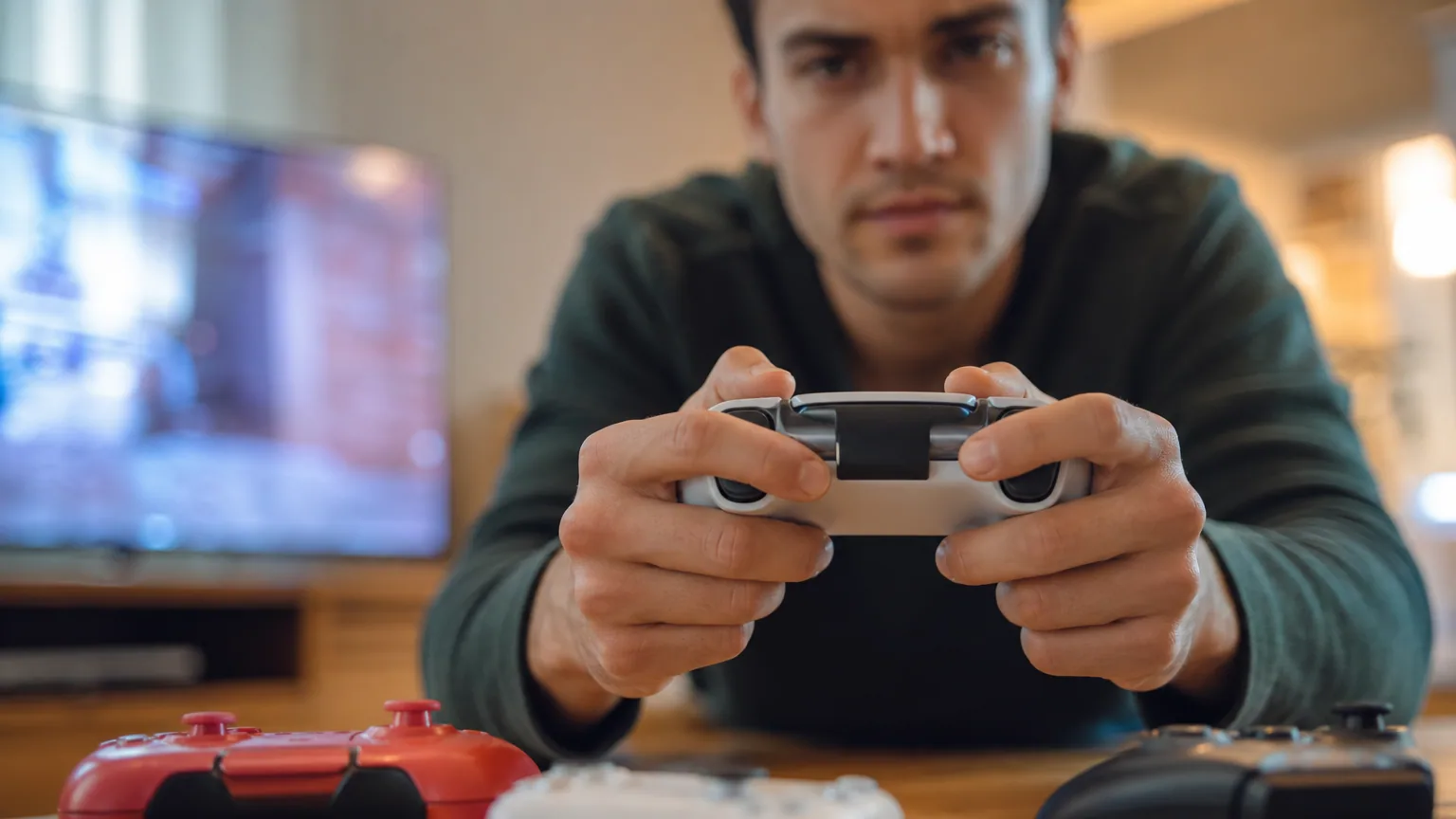 Gros plan sur les mains d'un joueur tenant une manette de jeu sans fil, plusieurs modèles posés sur une table