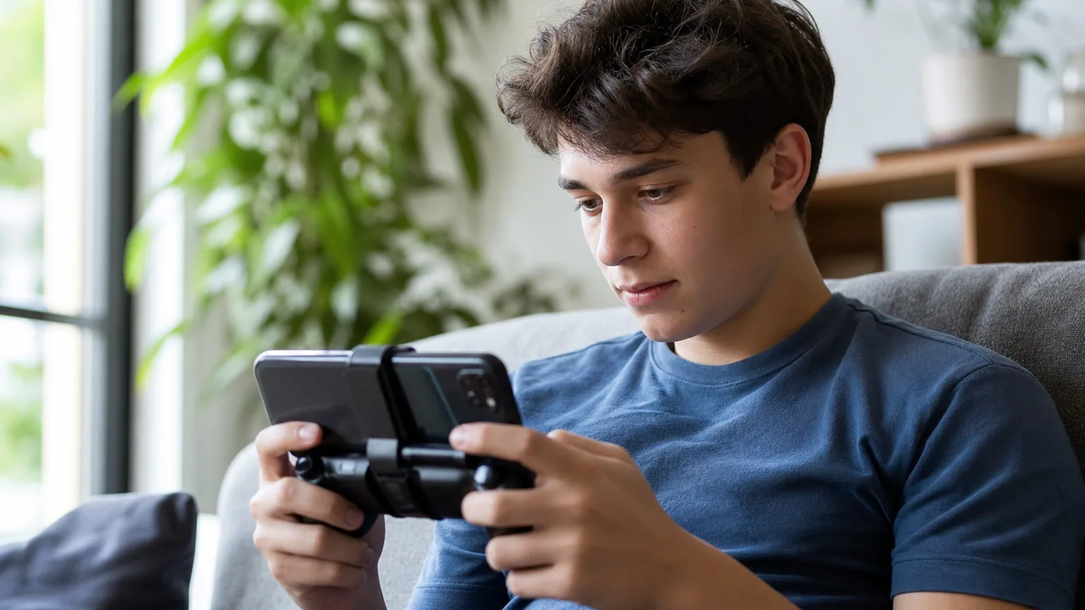 Une personne joue à un jeu vidéo sur smartphone avec une manette, sans console, dans son salon