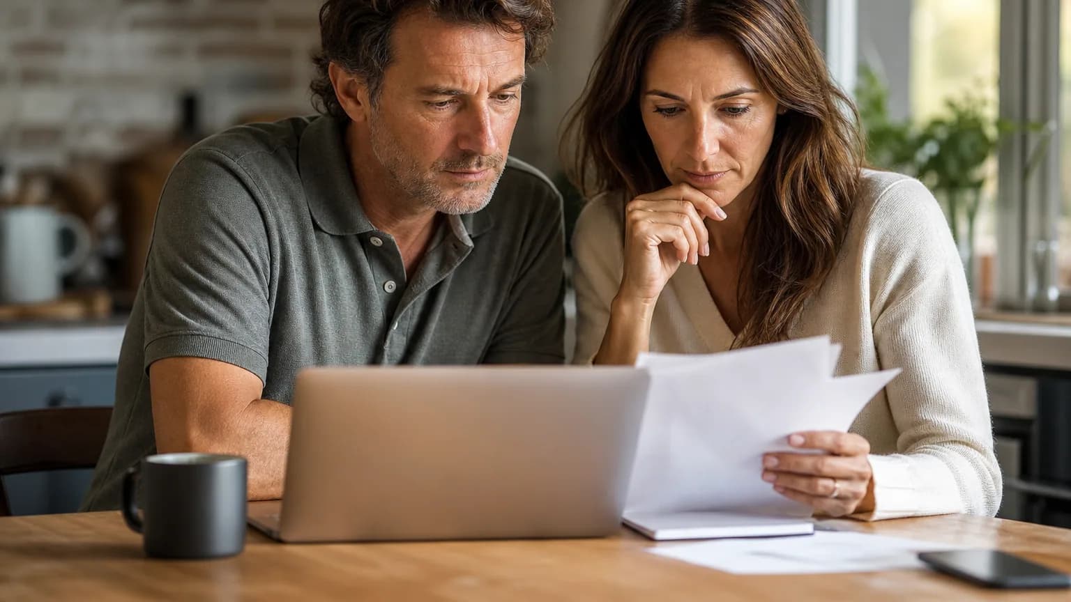 Un couple examine ses placements d'épargne devant un ordinateur portable et des documents