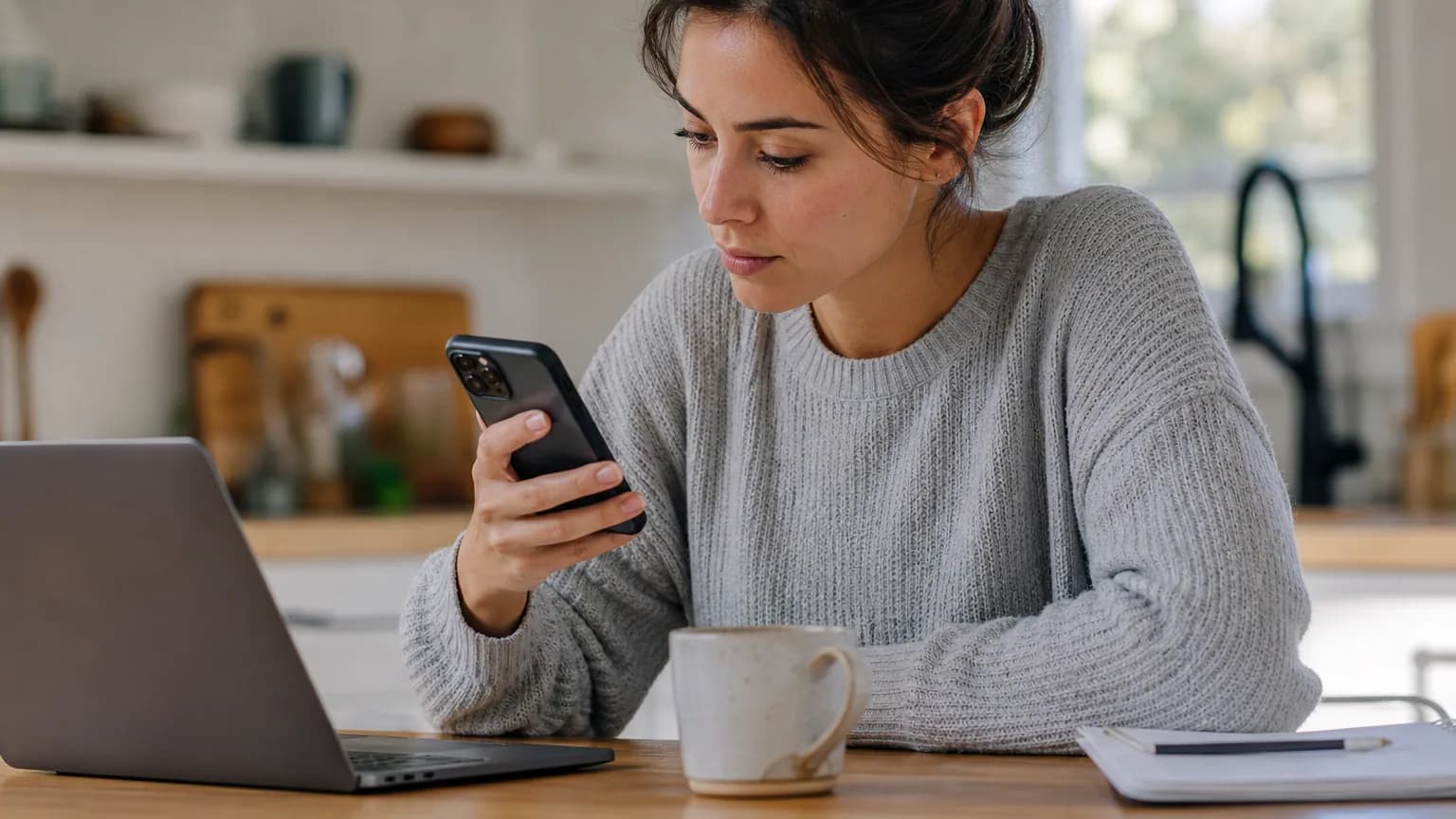 Une jeune femme consulte une application financière sur son smartphone à la maison