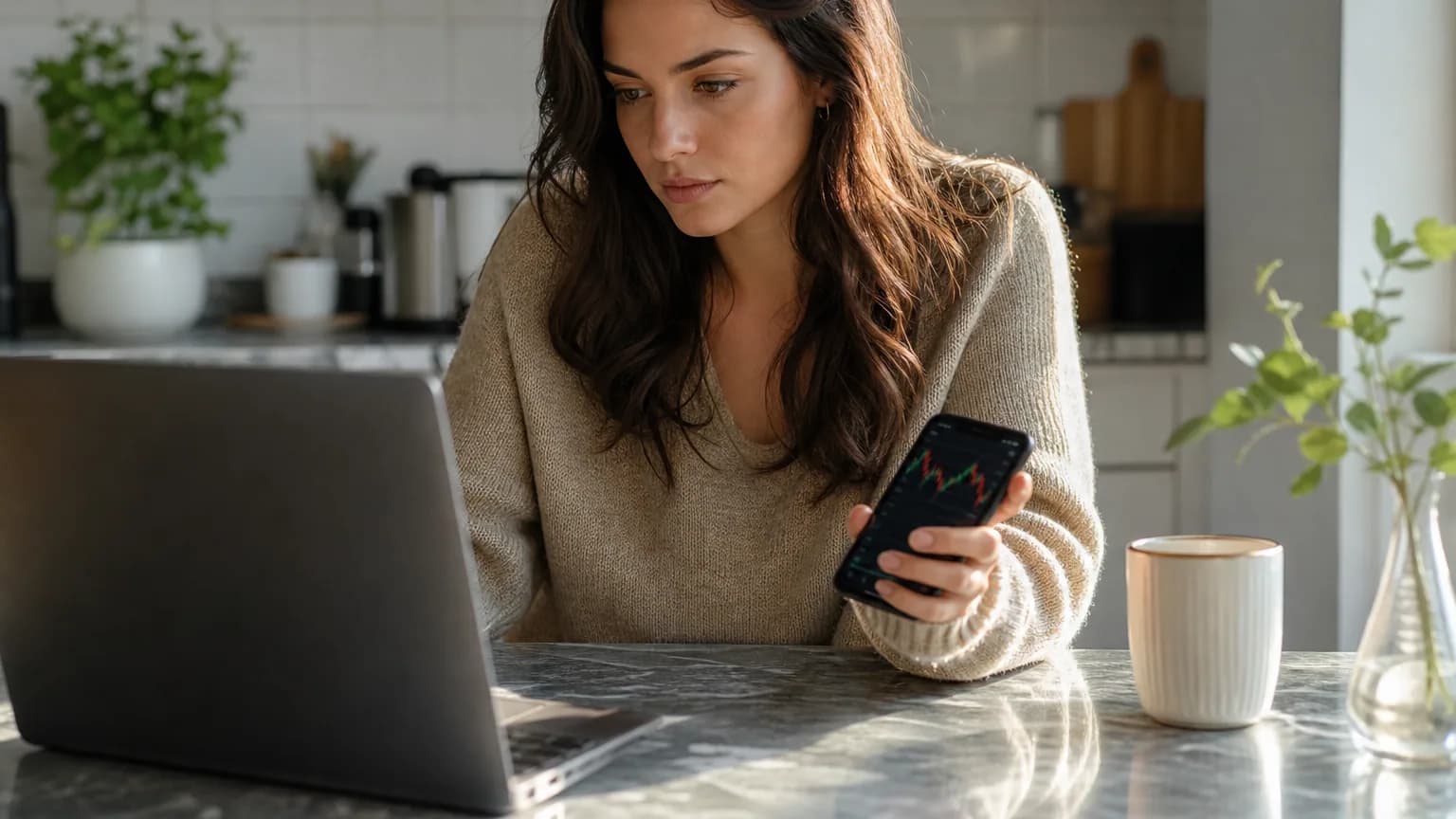 Une femme consulte une application de bourse sur son ordinateur portable et son téléphone