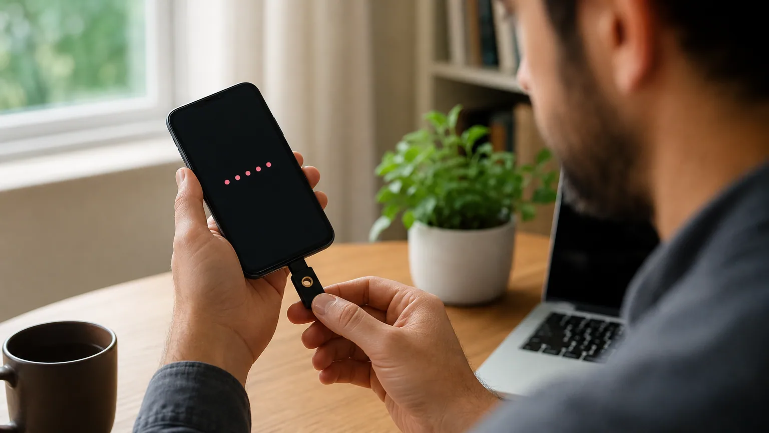 Une personne saisit un code de vérification sur son smartphone avec une clé de sécurité branchée