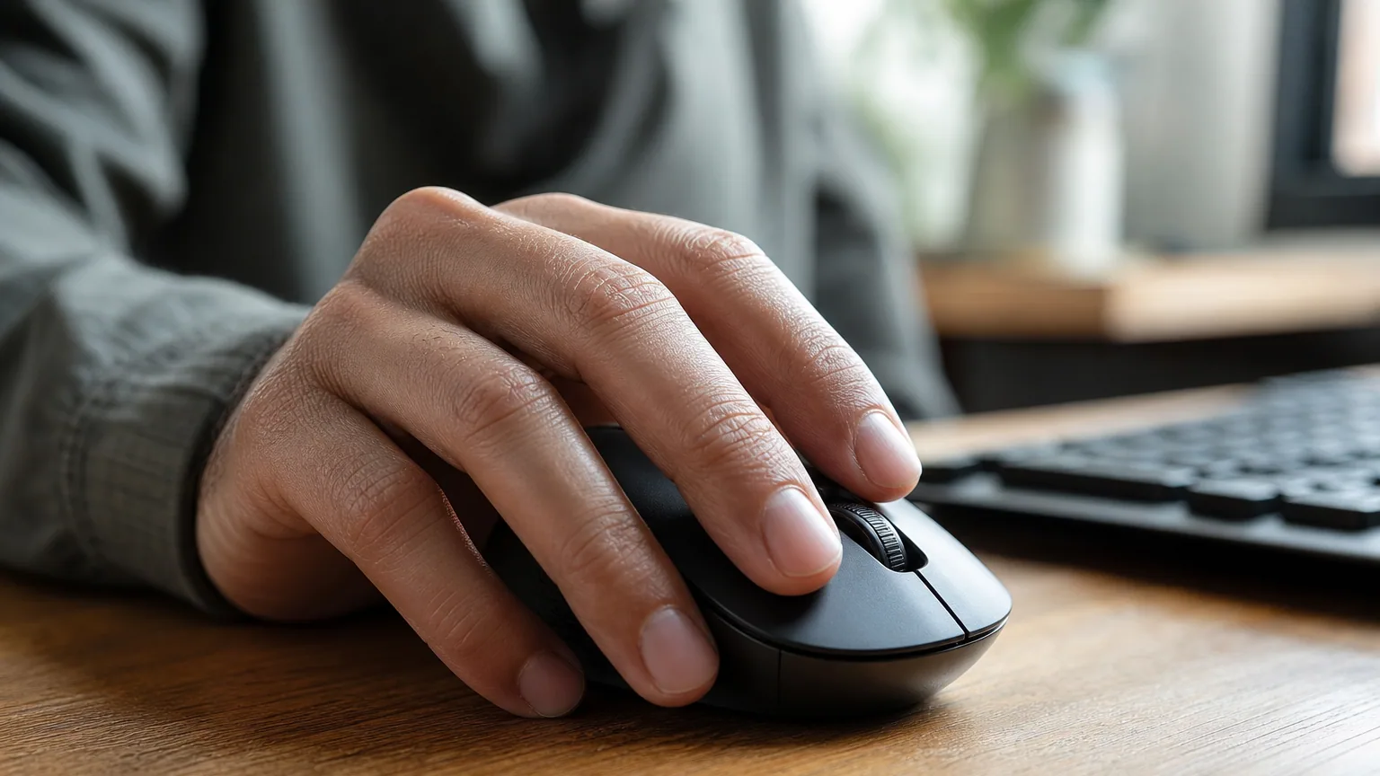 Main posée sur une souris d'ordinateur moderne sur un bureau en bois