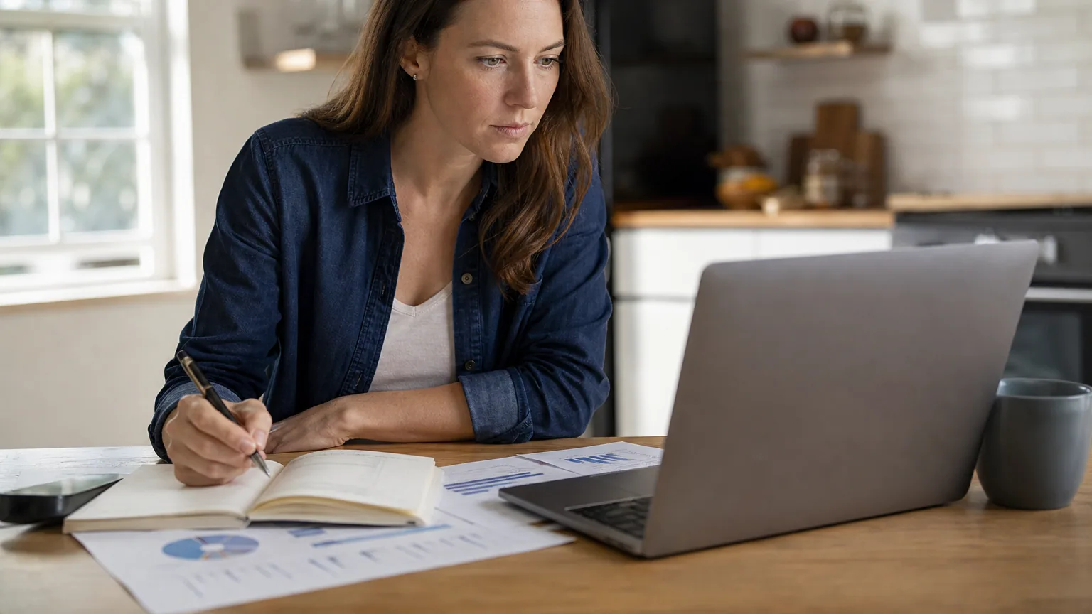 Une investisseuse compare des fonds indiciels sur son ordinateur portable à la maison