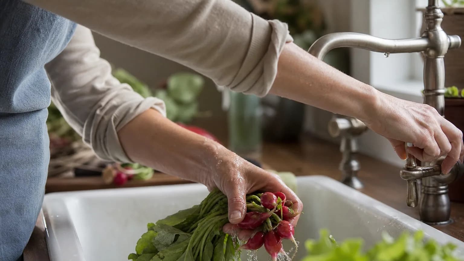 Mains fermant un robinet de cuisine pendant la vaisselle pour économiser l'eau