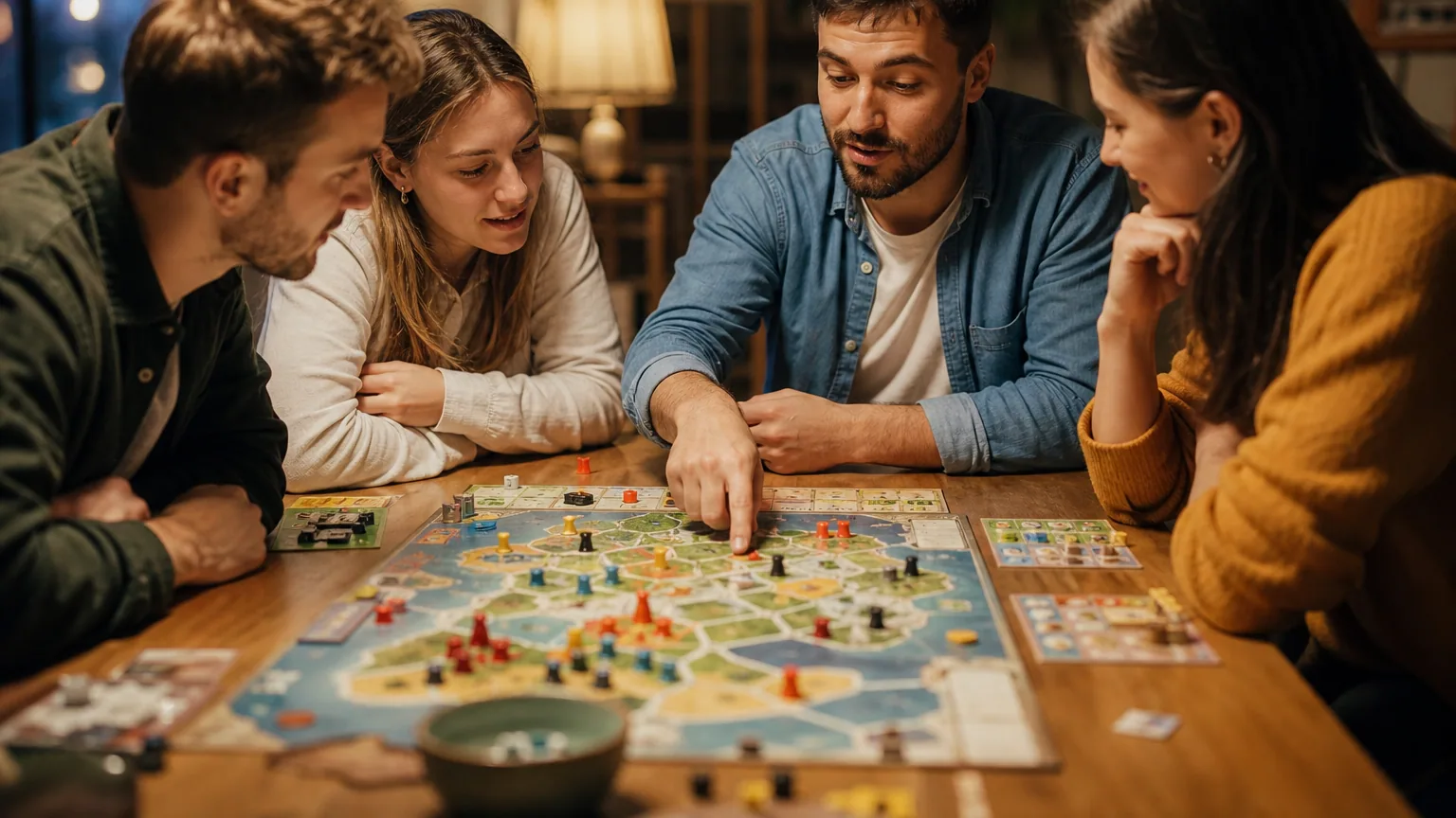 Personne expliquant les règles d'un jeu de société à trois amis attentifs autour d'une table