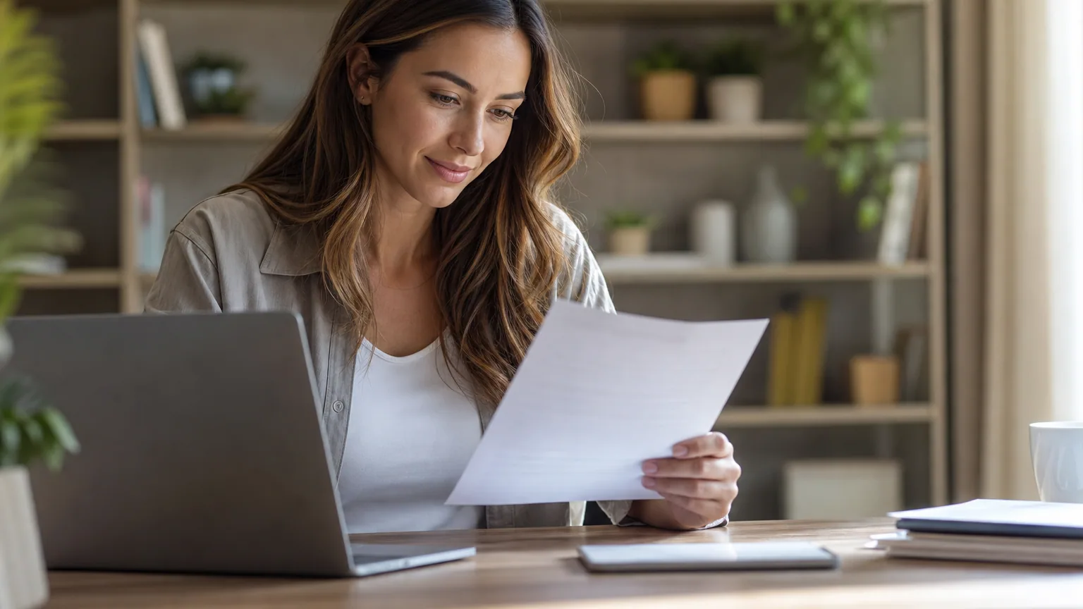 Une candidate relit son CV imprimé devant son ordinateur portable à son bureau