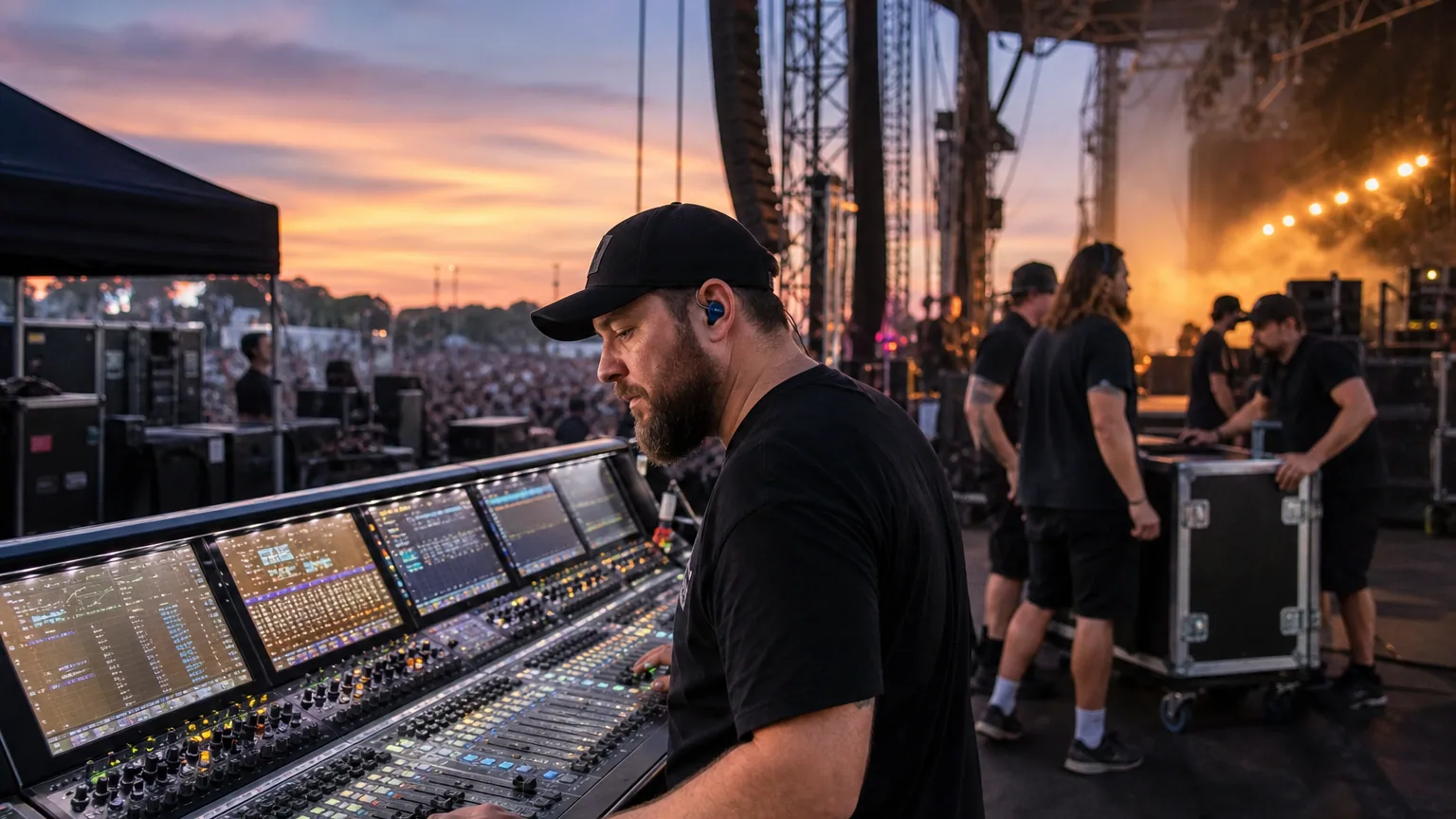 Régie son et techniciens en coulisses d'une grande scène de festival au crépuscule