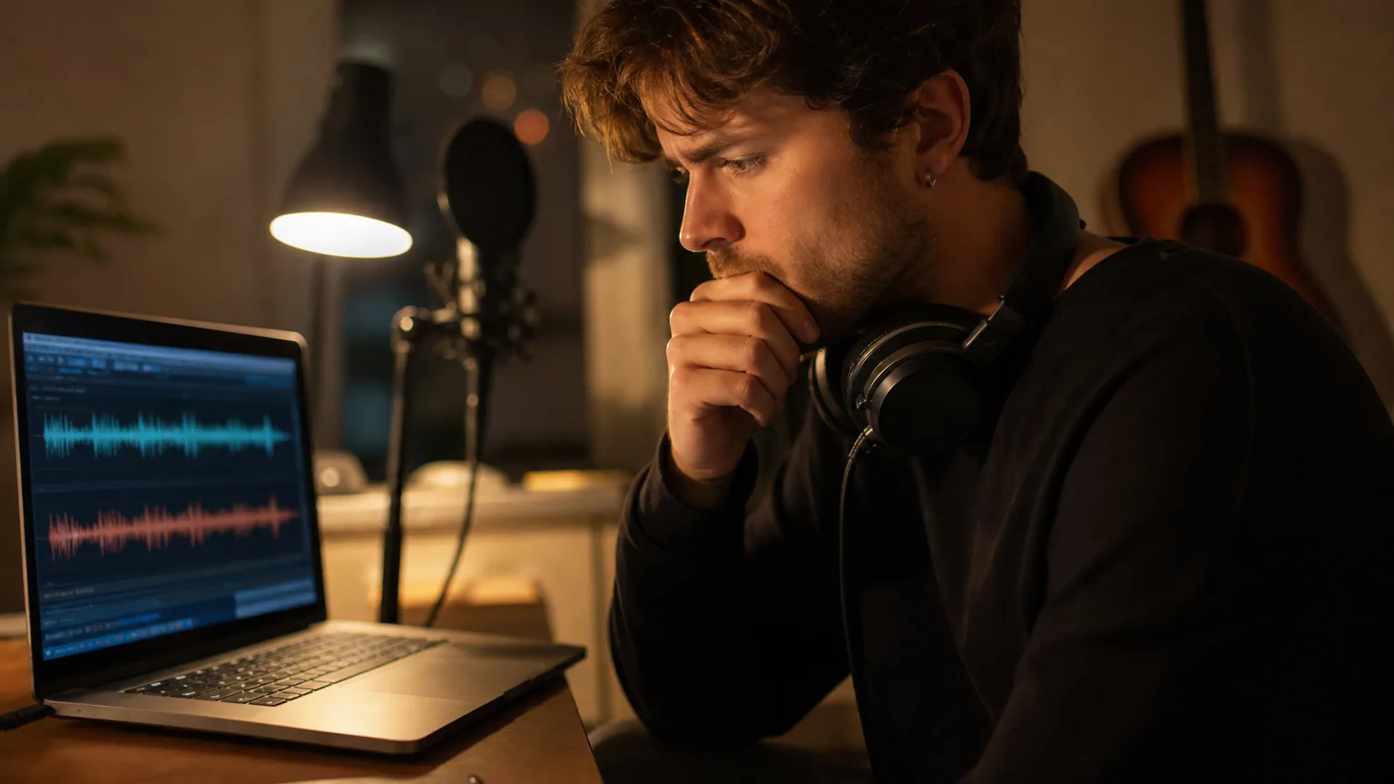 Un musicien pensif devant son ordinateur dans un home-studio la nuit