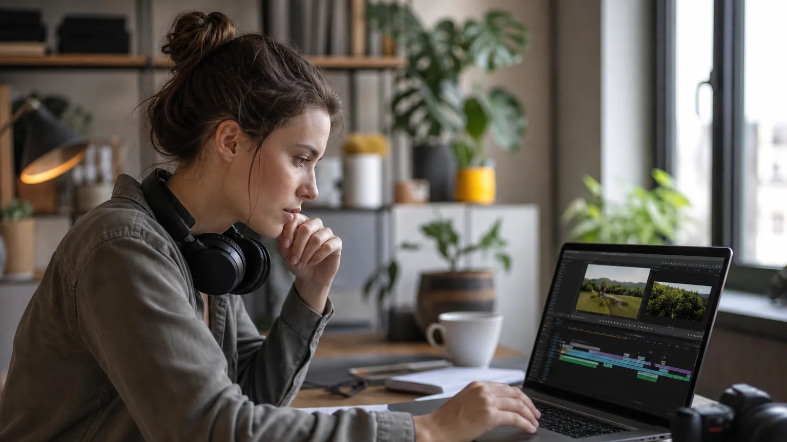 Jeune femme concentrée montant une vidéo sur son ordinateur portable à son bureau