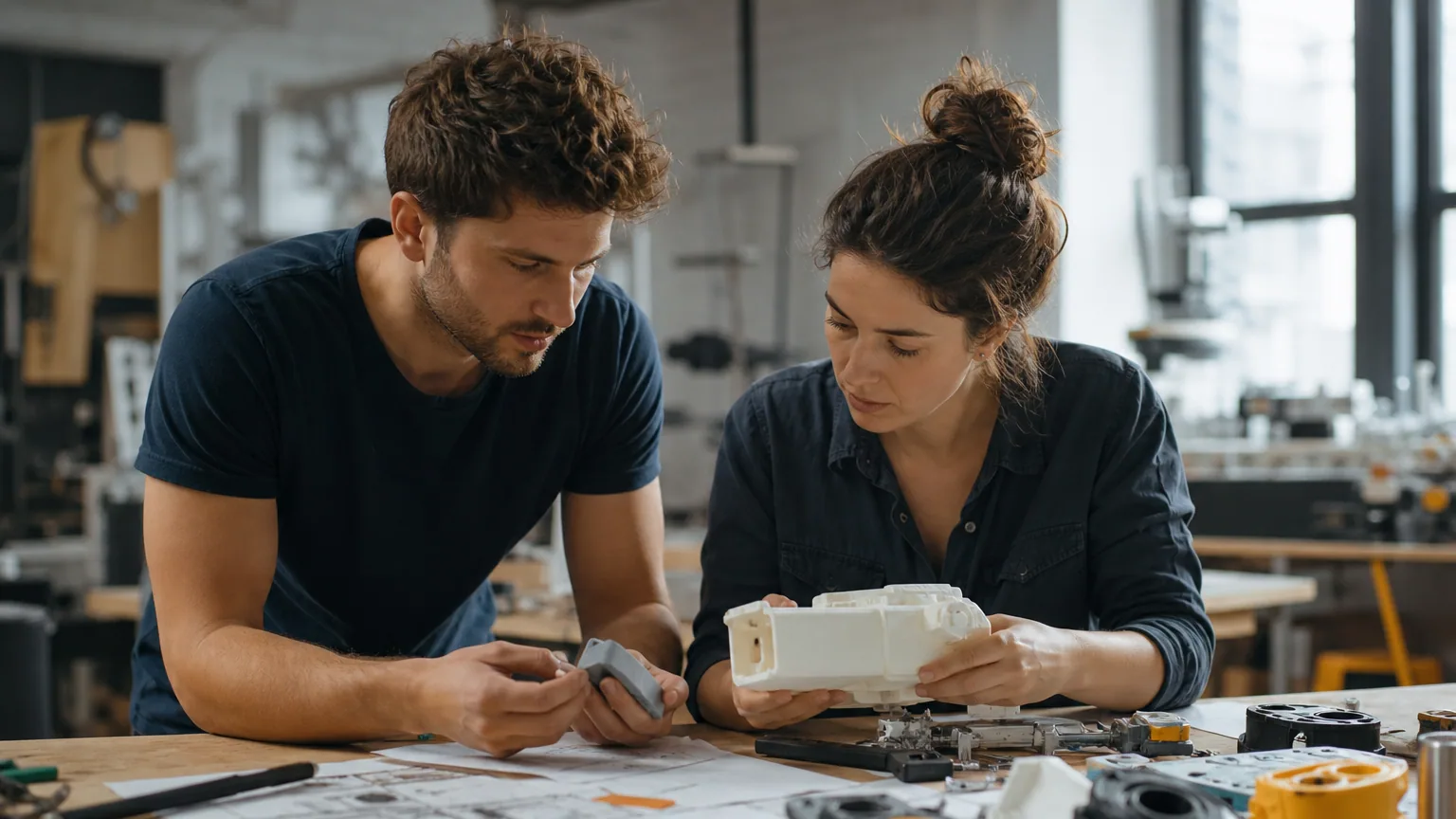 Deux concepteurs examinent un prototype imprimé en 3D sur un établi couvert de croquis