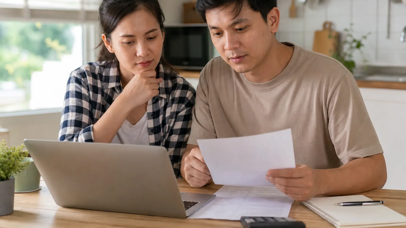 Un couple consulte ses comptes d'épargne sur un ordinateur portable à la table de la cuisine