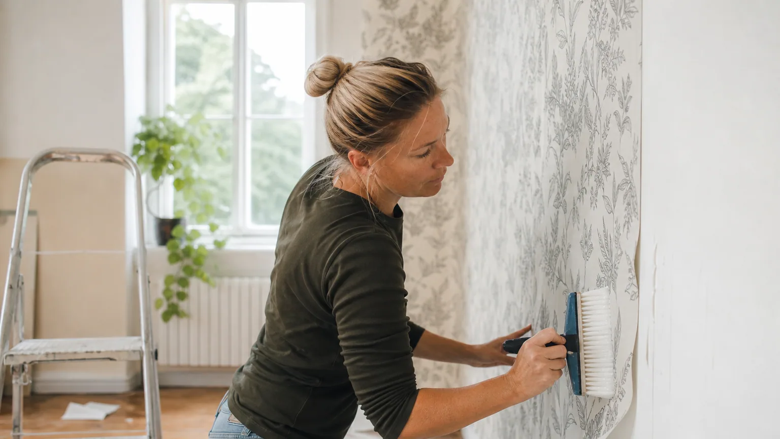 Une personne lisse un lé de papier peint sur un mur à l'aide d'une brosse de maroufle