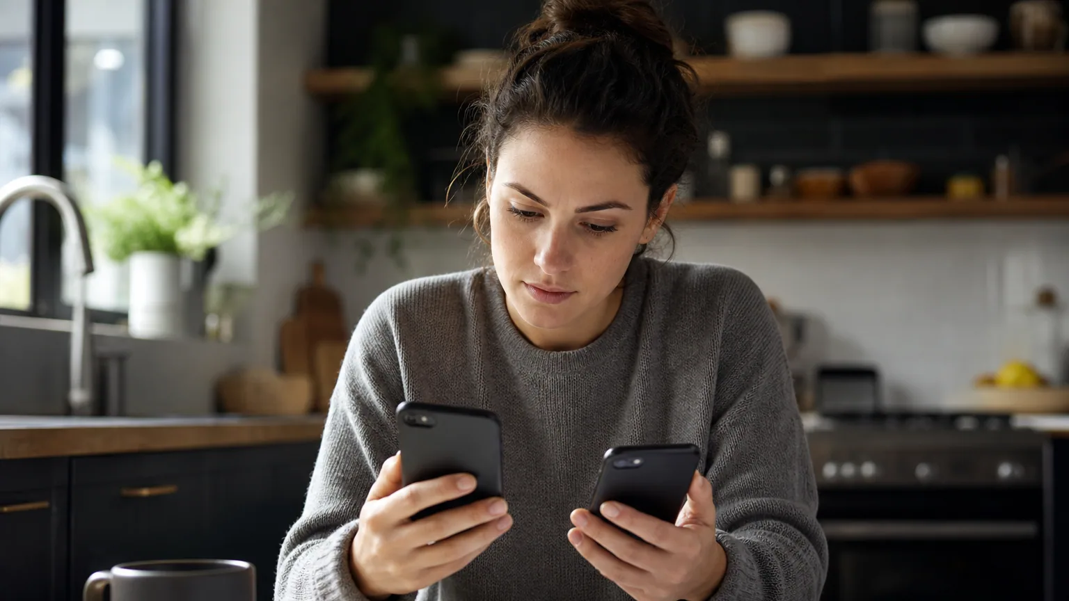 Une personne compare des applications bancaires sur deux smartphones à la table de sa cuisine
