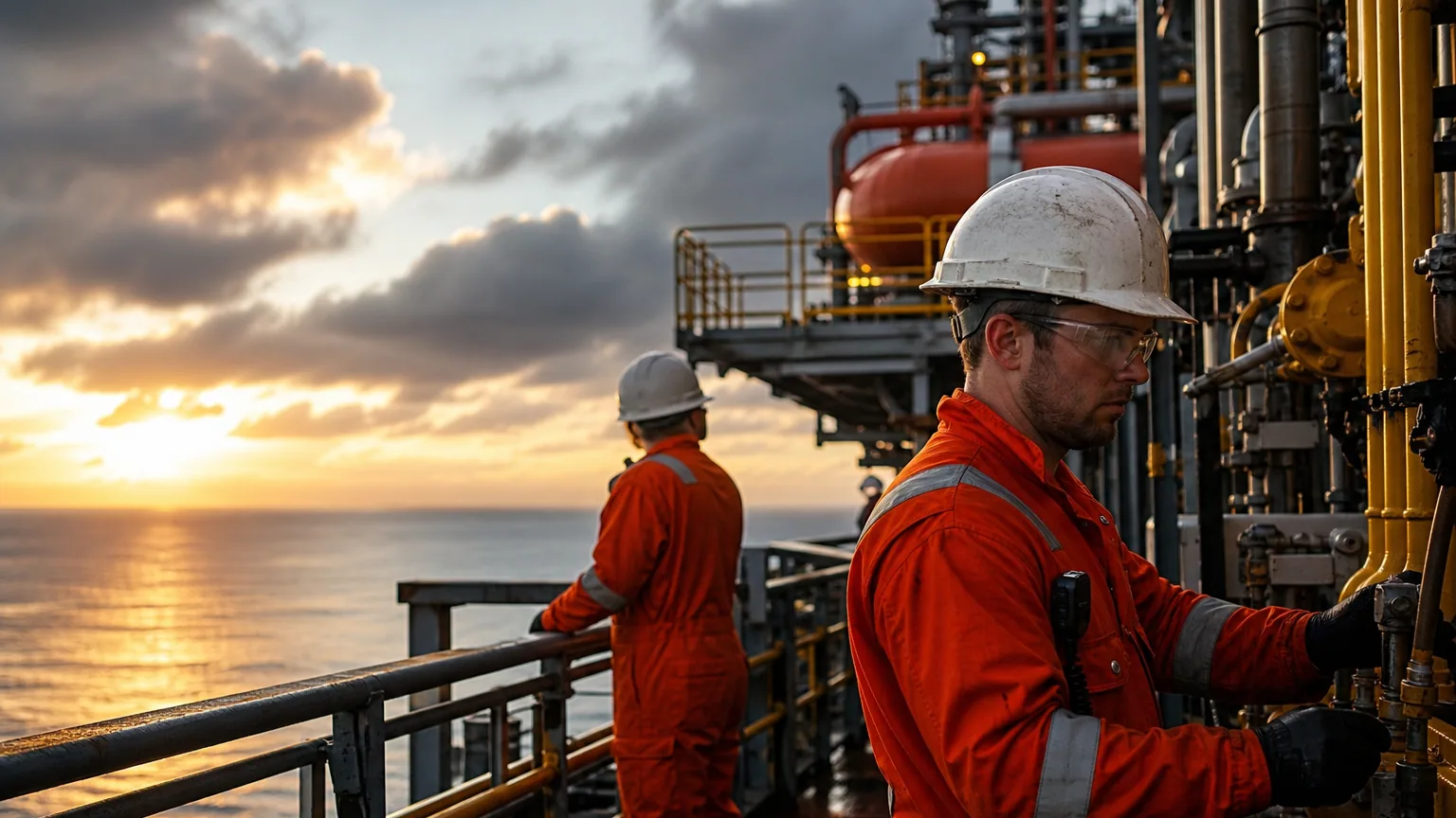 Plateforme pétrolière offshore à l'aube avec des ouvriers en tenue de sécurité