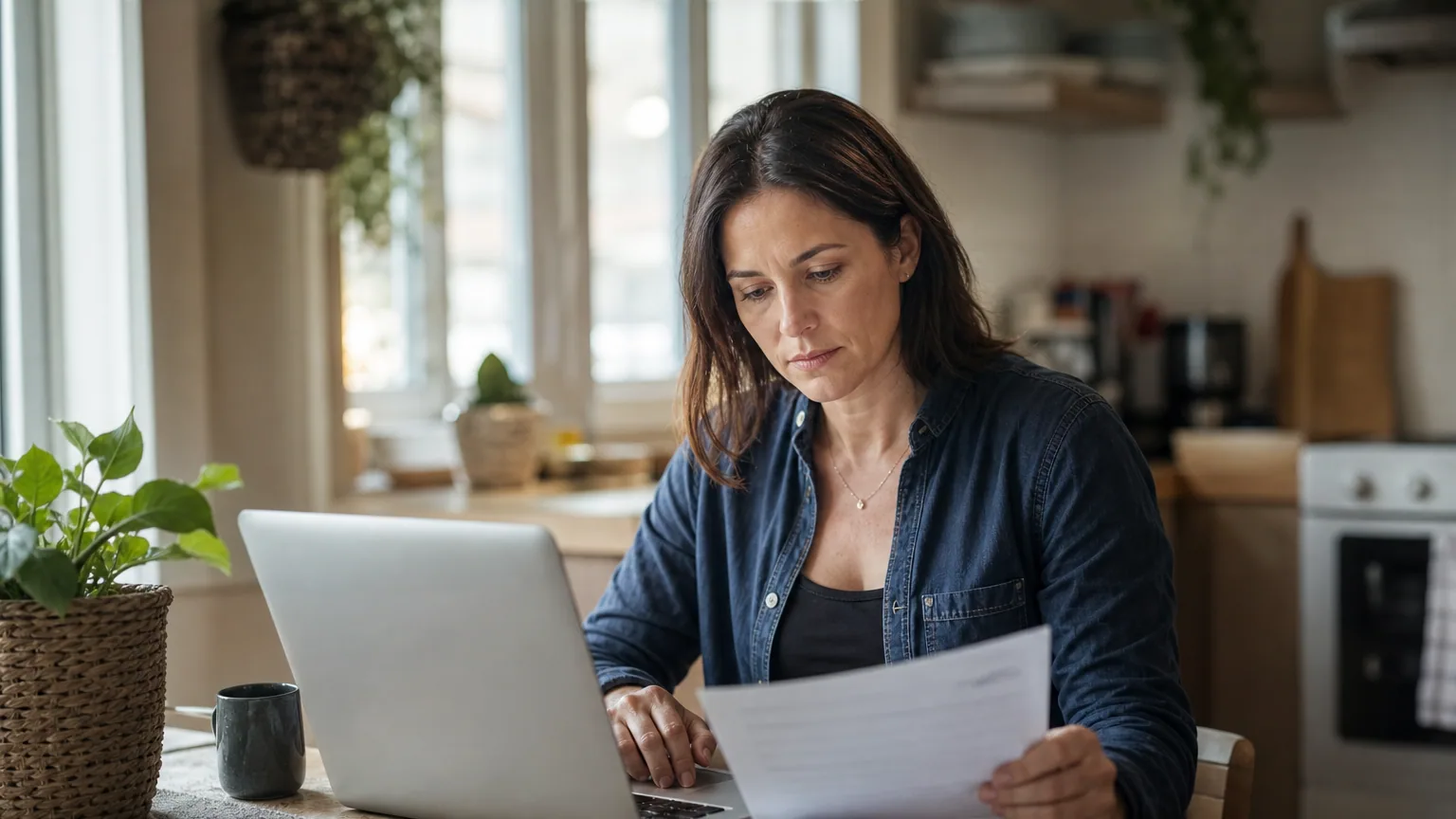 Une femme consulte son ordinateur portable à table en prenant des notes sur sa formation