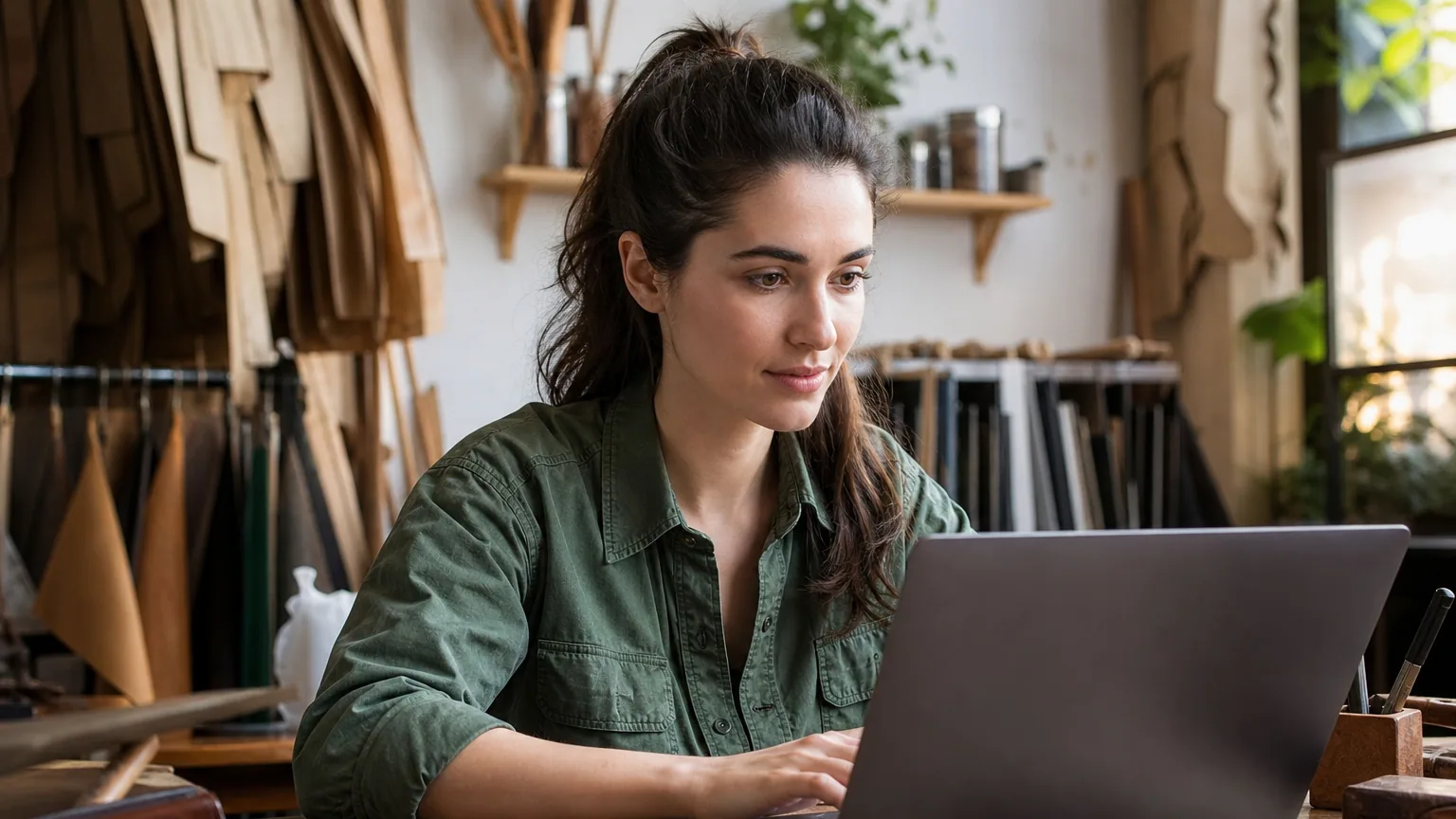 Entrepreneuse travaillant sur son ordinateur dans un petit atelier