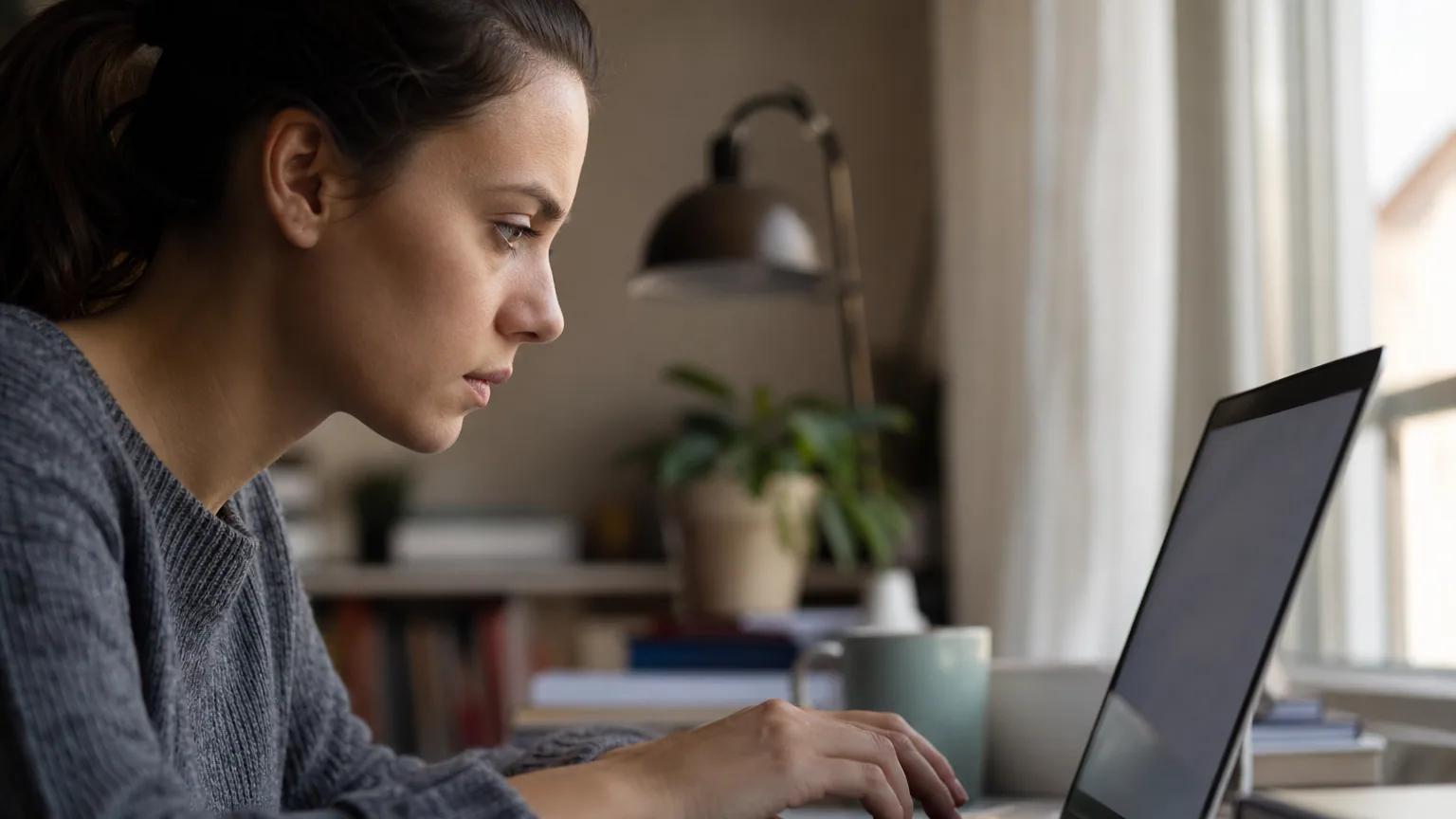 Une personne saisit un mot de passe sur le clavier d'un ordinateur portable dans un bureau lumineux