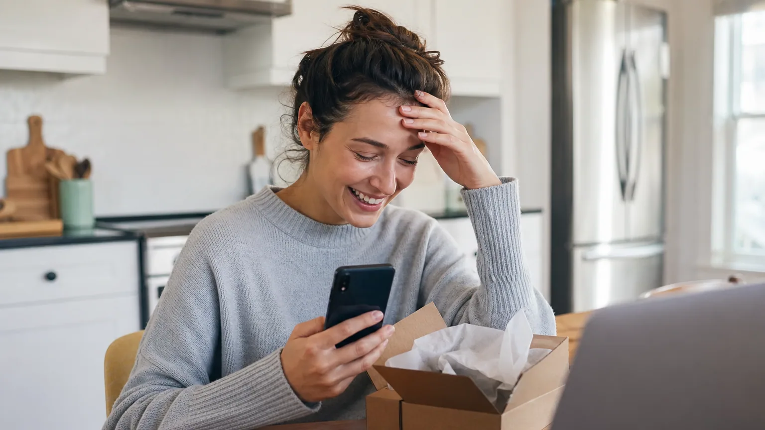 Une femme vérifie sa commande en ligne sur son téléphone à côté d'un colis ouvert