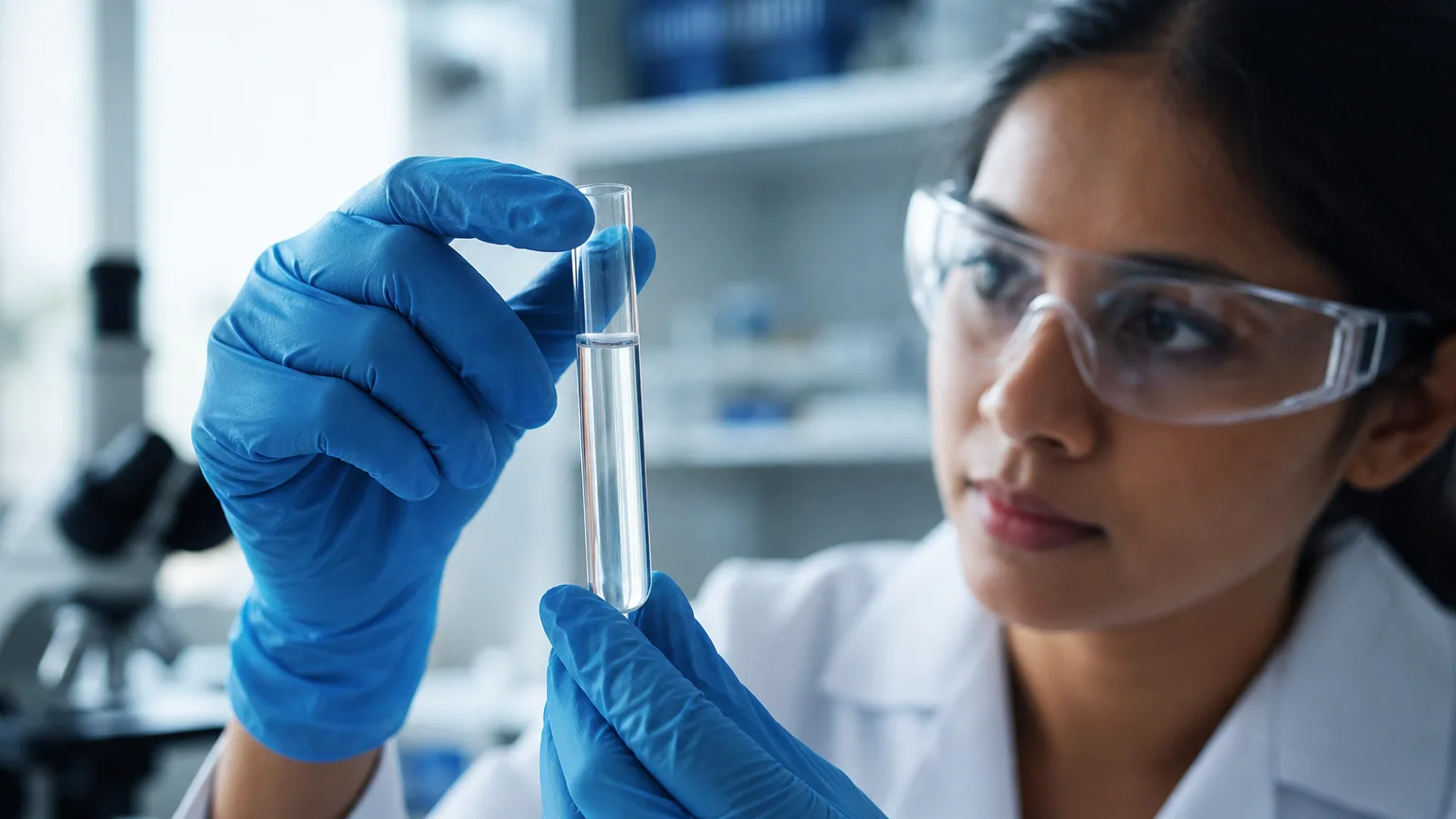 Mains gantées d'une scientifique manipulant un échantillon dans un laboratoire de génétique