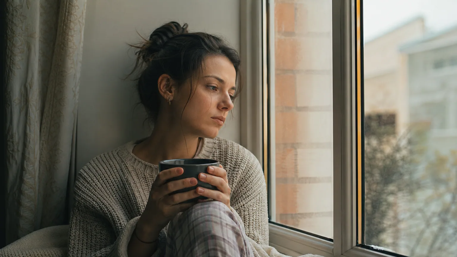 Femme pensive assise près d'une fenêtre, une tasse à la main, dans une lumière douce