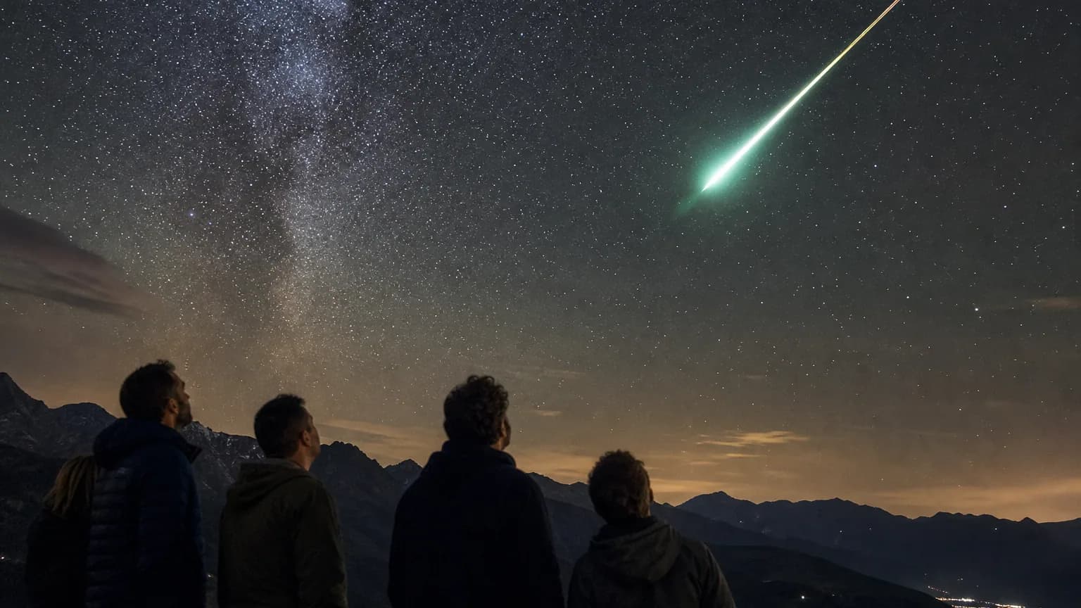 Un météore lumineux traversant un ciel étoilé au-dessus de spectateurs silhouettés dans la nuit