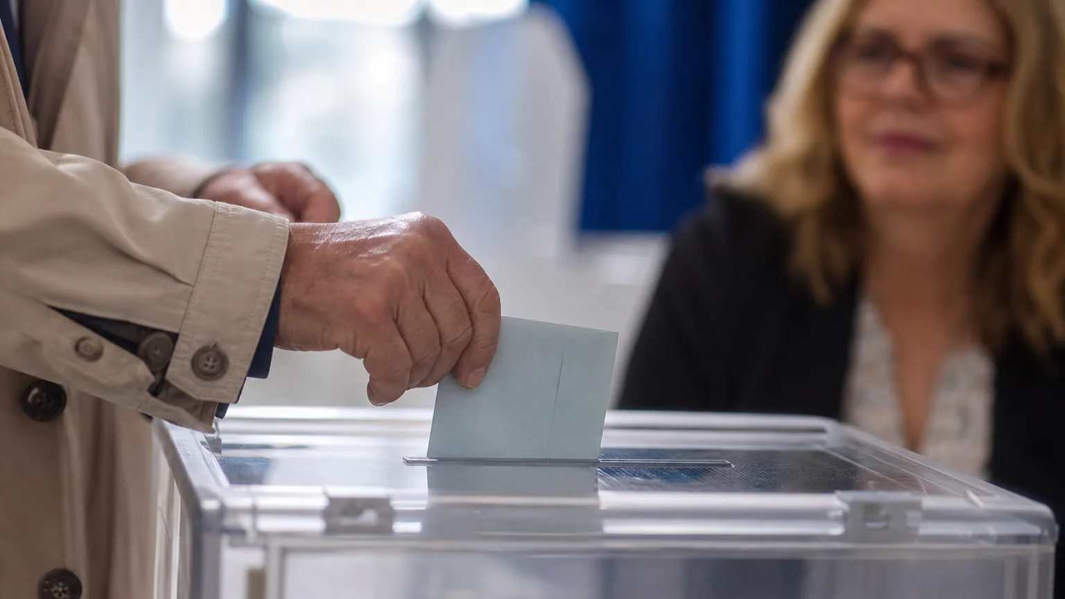 Un électeur glisse son bulletin dans l'urne transparente d'un bureau de vote français.