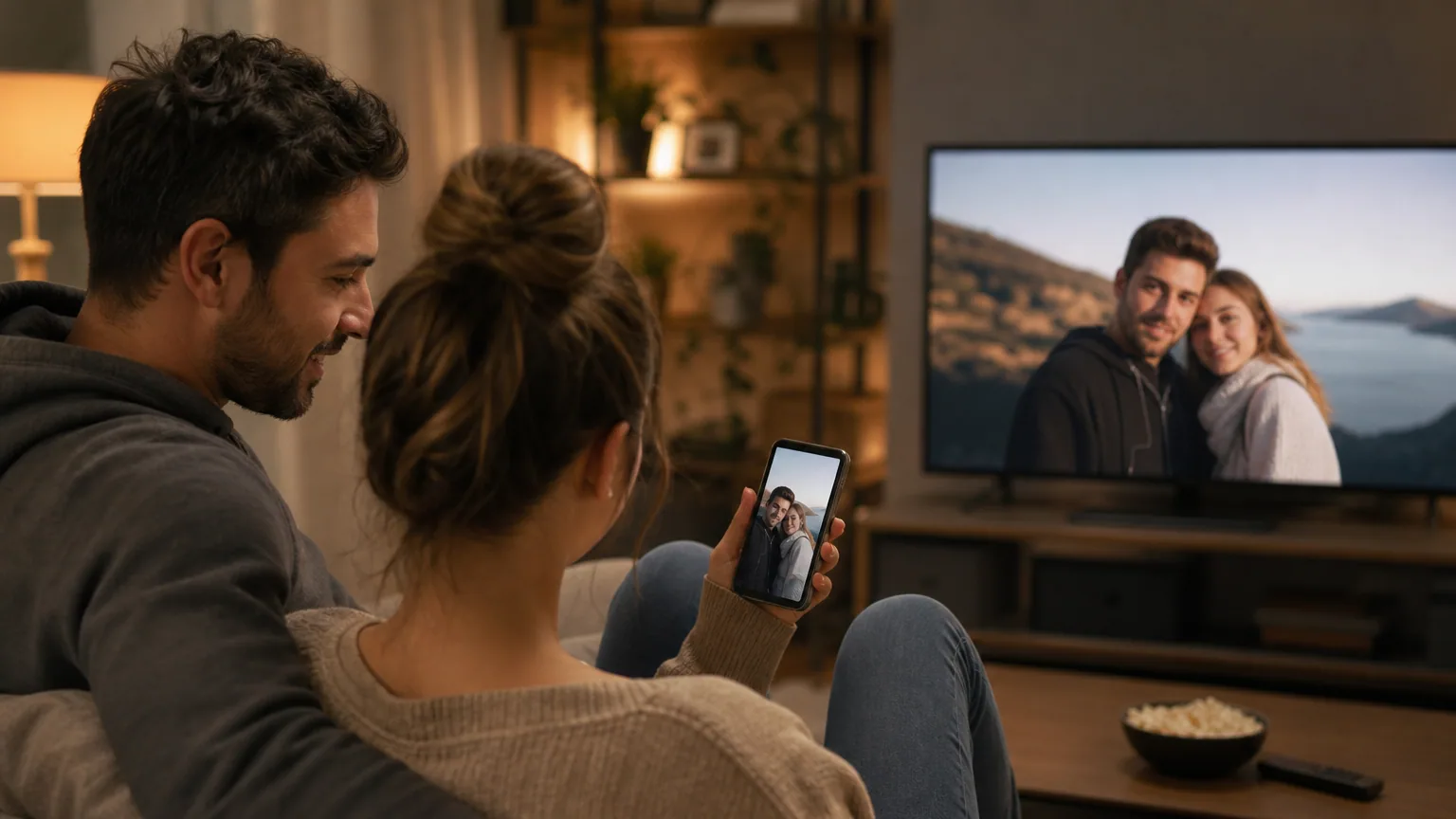 Un couple sur un canapé regarde des photos de son smartphone affichées sur la télévision du salon