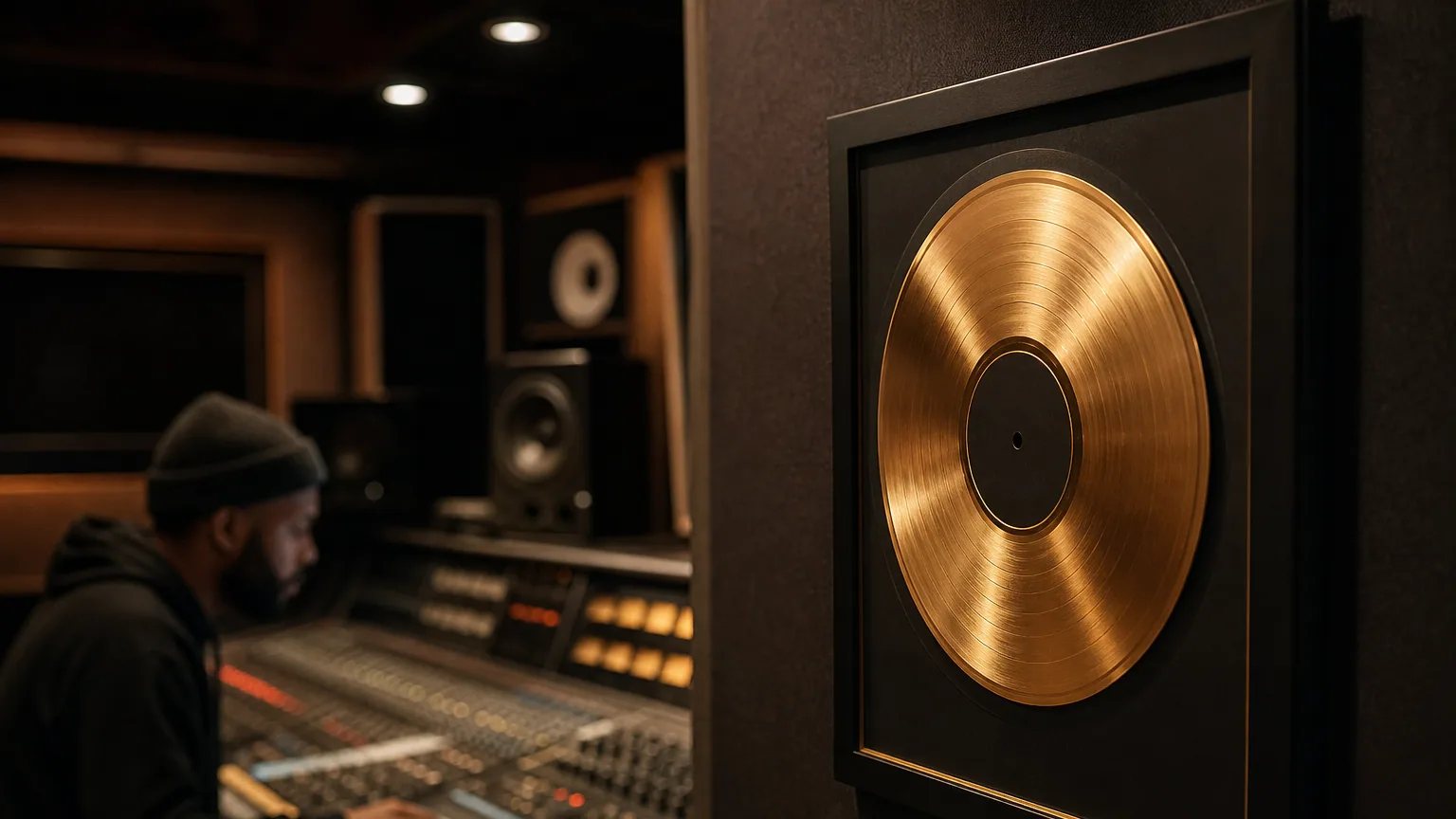 Disque d'or encadré accroché au mur d'un studio d'enregistrement