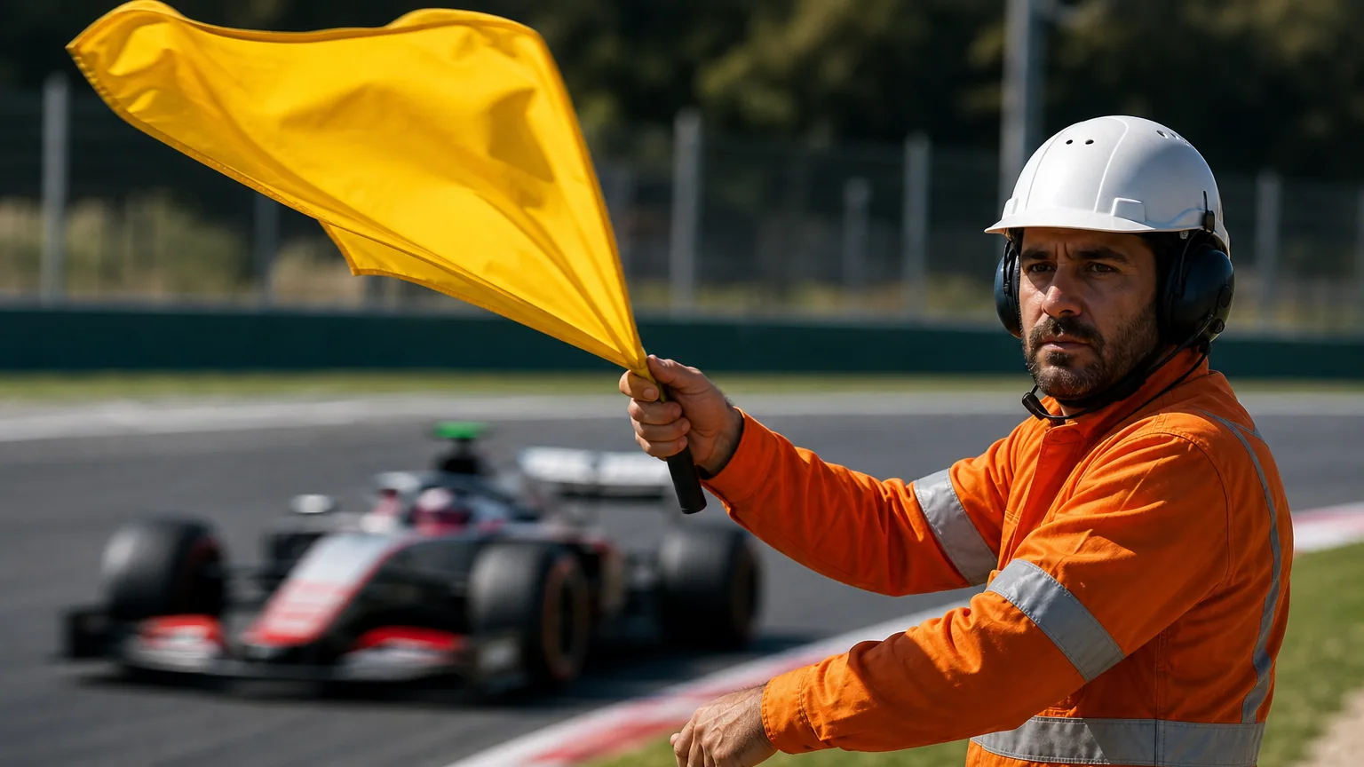 Un commissaire de piste agite un drapeau jaune au bord d'un circuit de Formule 1
