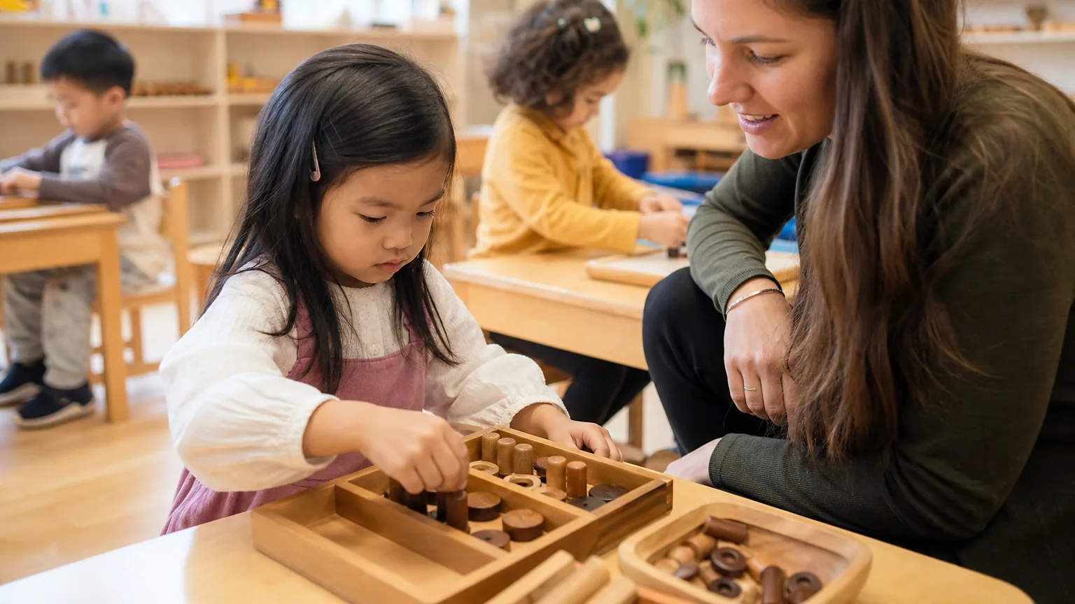 Un jeune enfant manipule du matériel pédagogique en bois pendant qu'une enseignante l'accompagne dans une salle de classe lumineuse