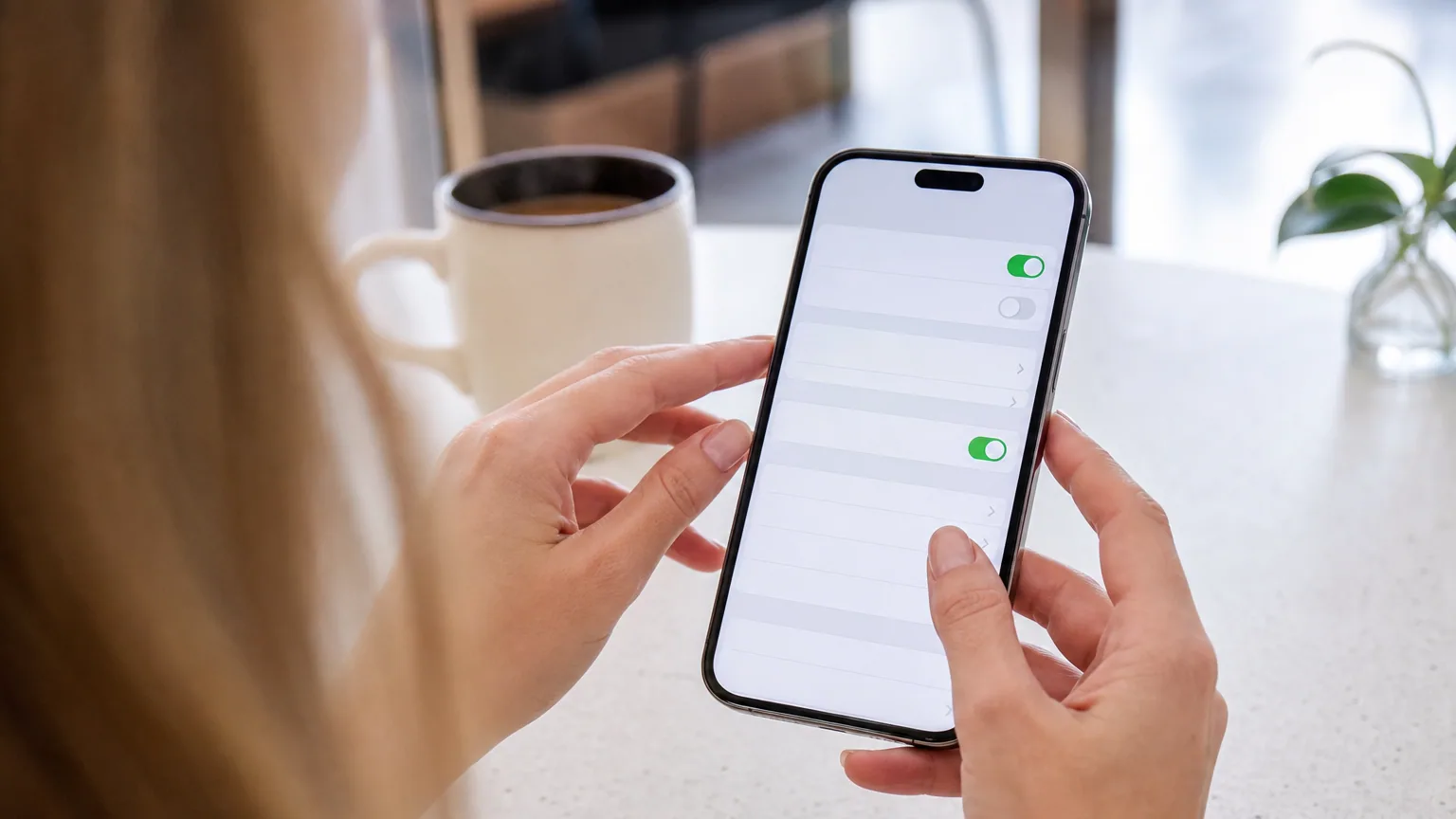 Une personne configure les réglages réseau d'un smartphone moderne posé sur une table
