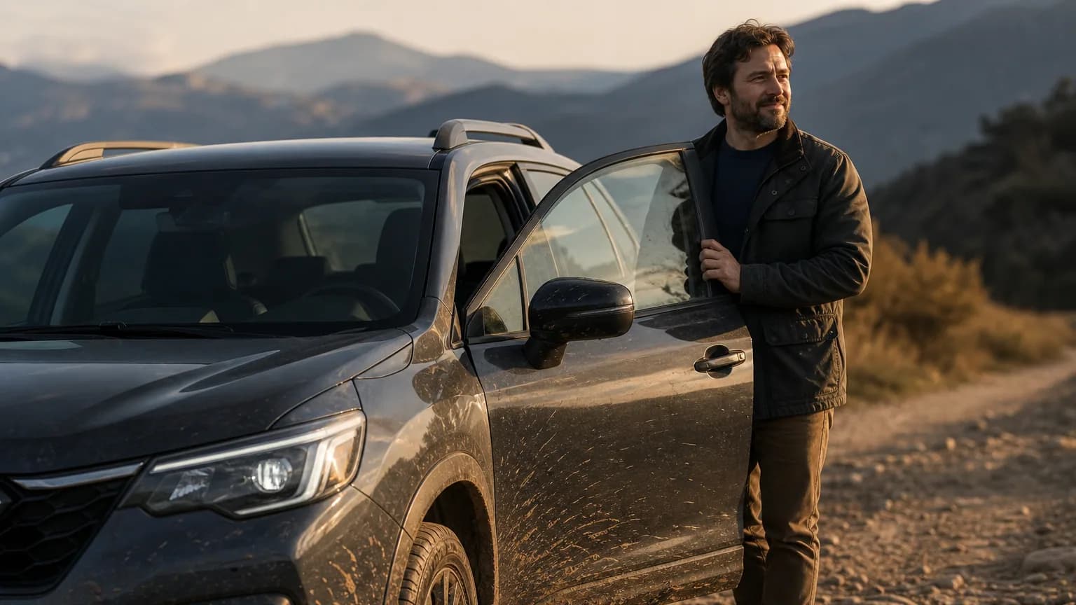 Un SUV compact garé sur un chemin de campagne au coucher du soleil, conducteur ouvrant la portière
