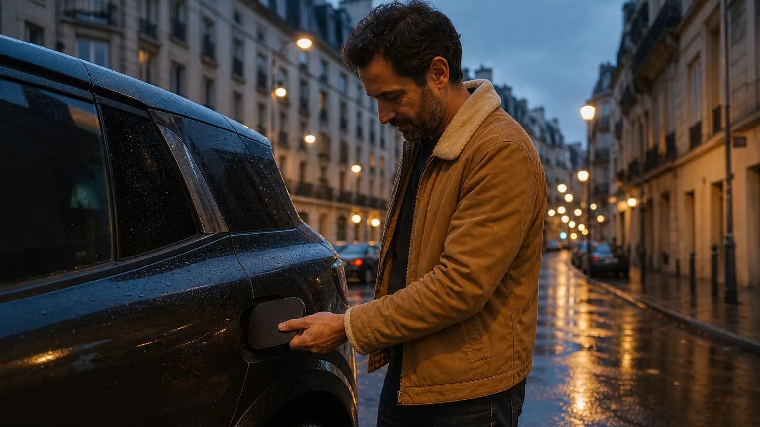 Une citadine électrique en charge sur une rue mouillée d'une ville française au crépuscule