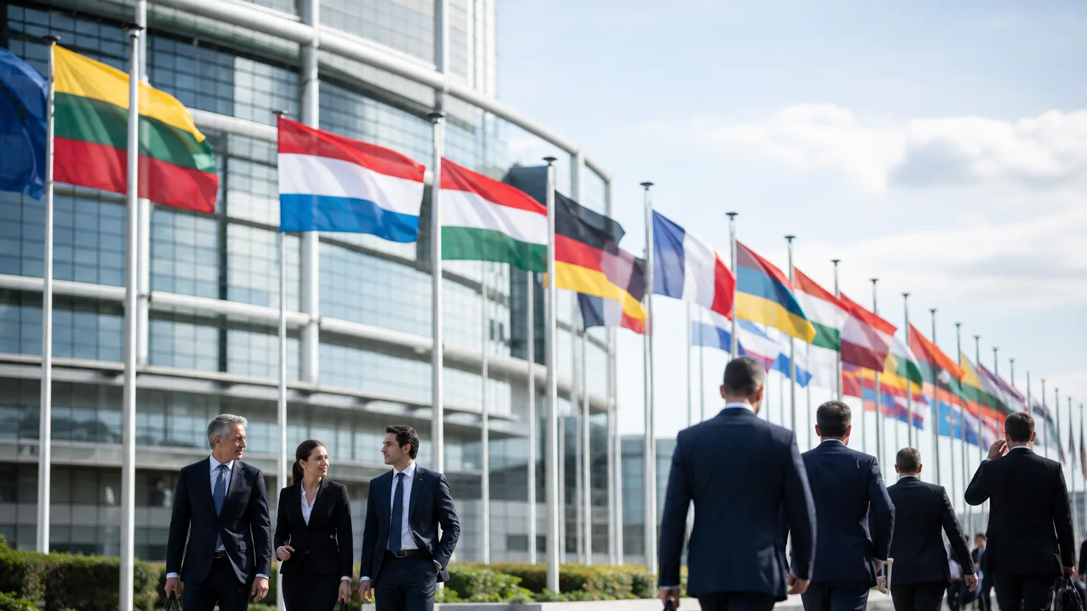 Drapeaux nationaux flottant devant un bâtiment officiel, des diplomates discutant au premier plan.