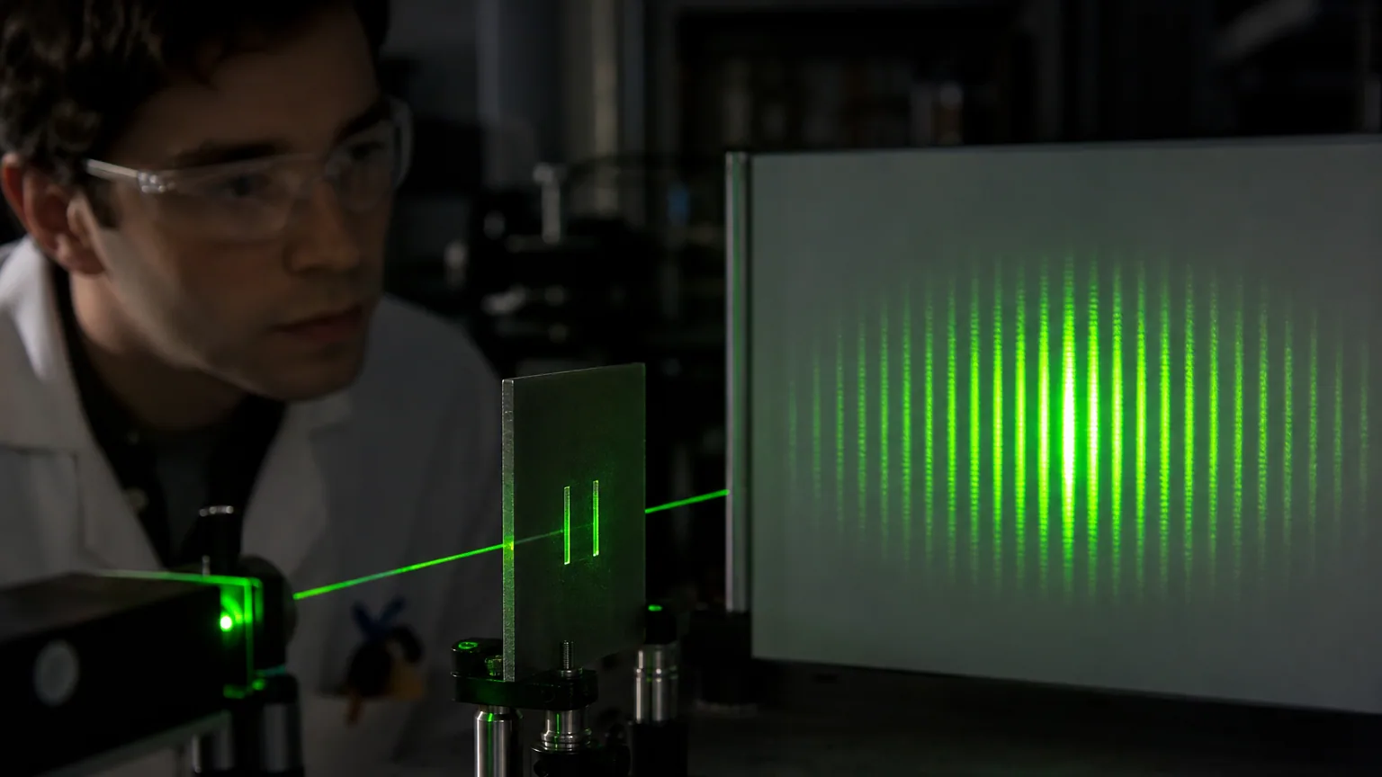 Faisceau laser traversant une double fente et projetant des franges lumineuses sur un écran dans un laboratoire