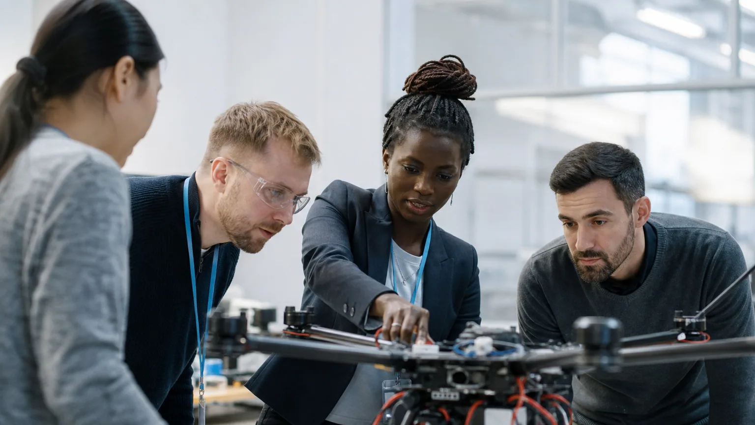 Une équipe de chercheurs et d'ingénieurs discute autour d'un prototype dans un laboratoire de deep tech